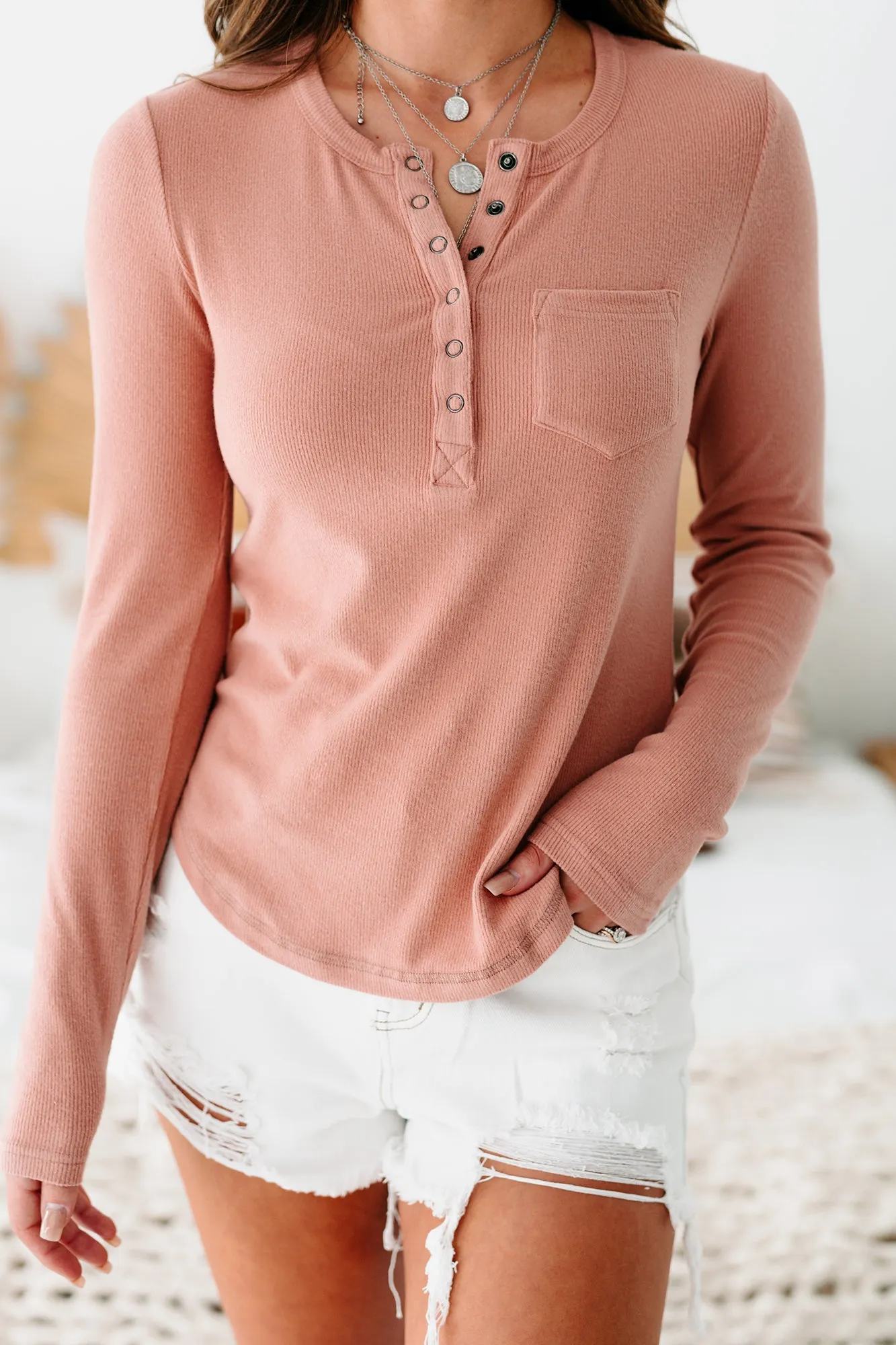 Fostering Friendships Ribbed Long Sleeve Henley Top (Blush)