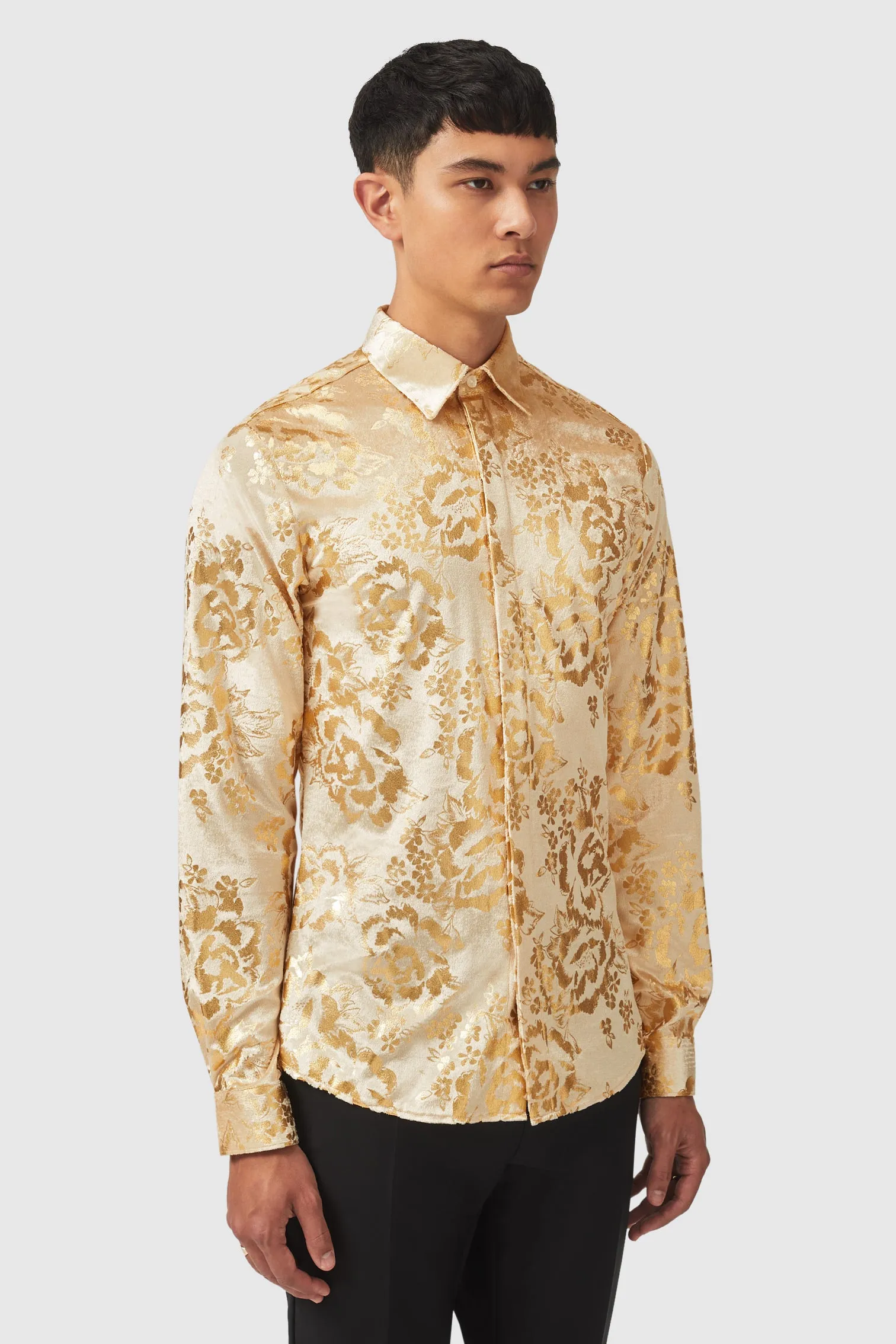 Gaines Slim Fit Champagne Velvet Shirt with Floral Print