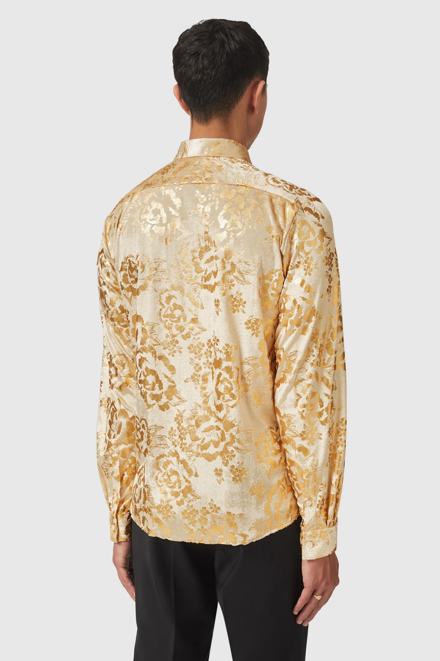 Gaines Slim Fit Champagne Velvet Shirt with Floral Print