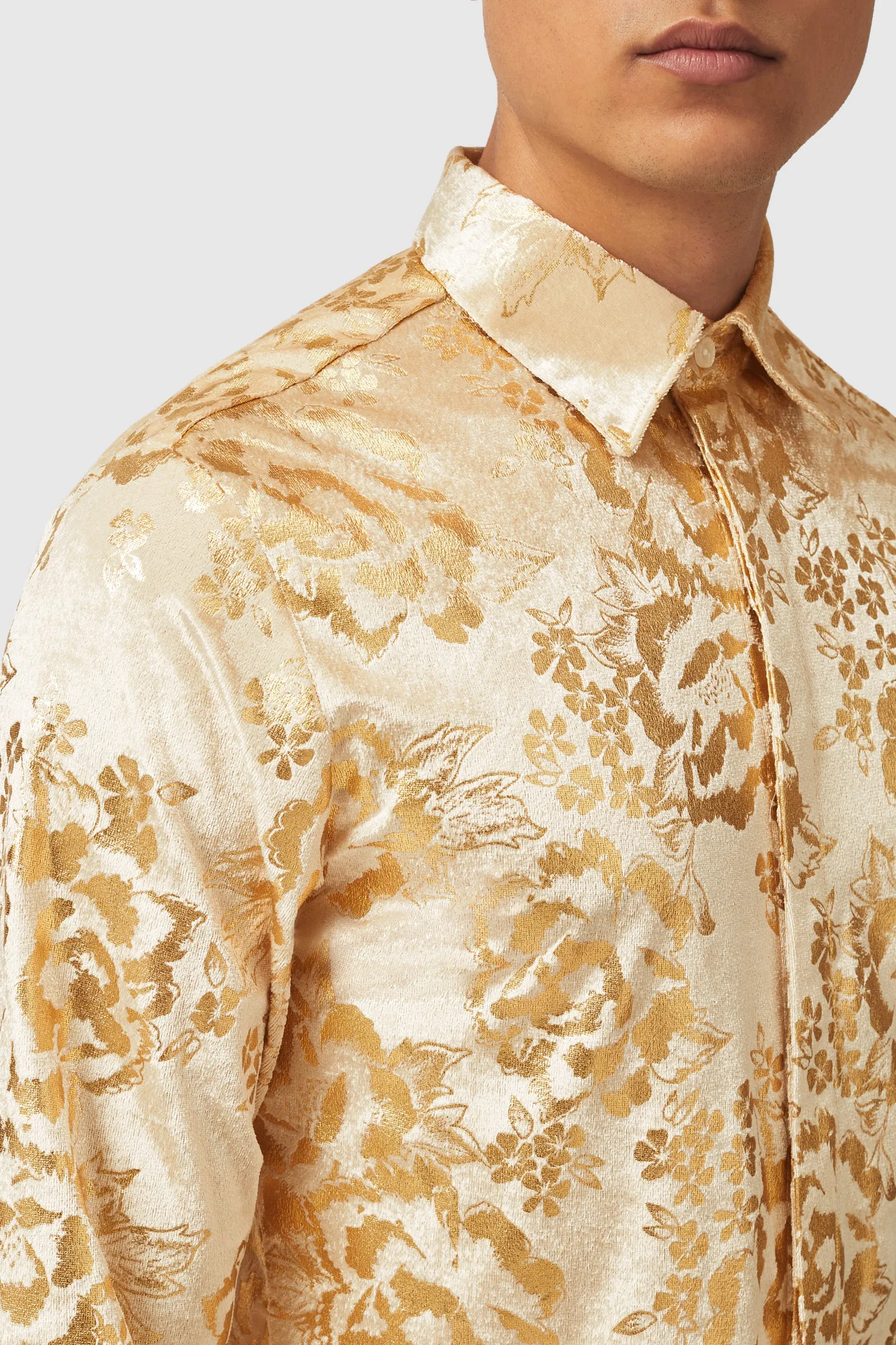 Gaines Slim Fit Champagne Velvet Shirt with Floral Print