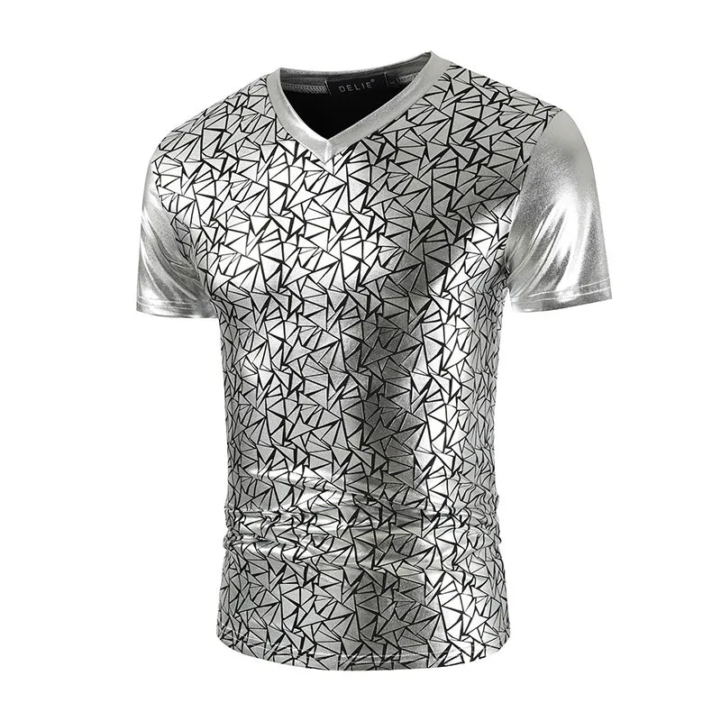 Geometric Cuts Pattern Men Metallic V Neck T-Shirt