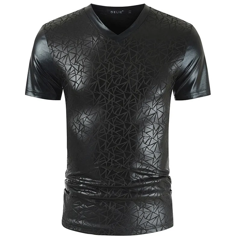 Geometric Cuts Pattern Men Metallic V Neck T-Shirt