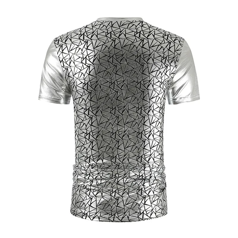 Geometric Cuts Pattern Men Metallic V Neck T-Shirt