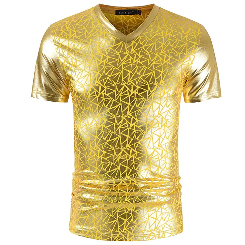 Geometric Cuts Pattern Men Metallic V Neck T-Shirt