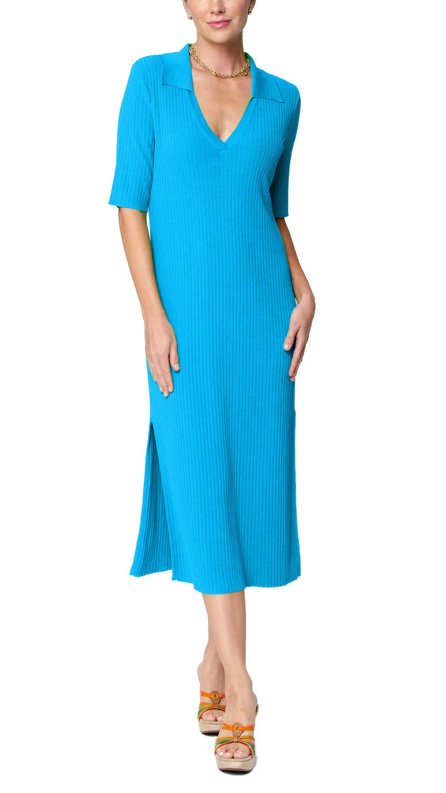 Gillian Rib Knit Midi Polo Dress; Turquoise