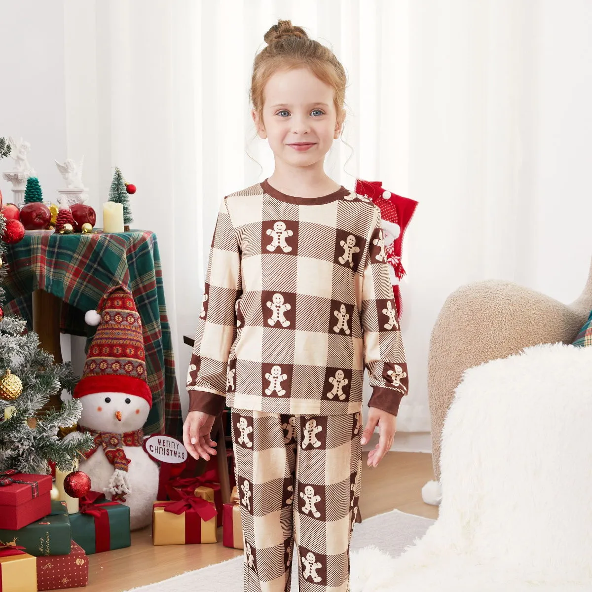 Gingerbread Family Pajamas Allover Gingerbread Plaid Henley Neckline Matching Pajamas Christmas