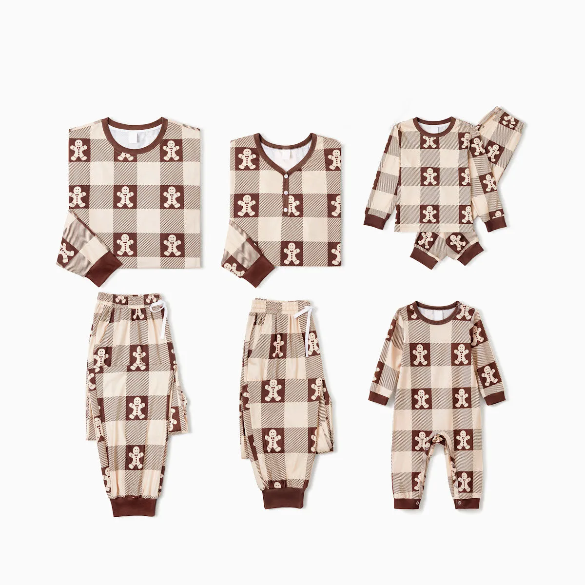 Gingerbread Family Pajamas Allover Gingerbread Plaid Henley Neckline Matching Pajamas Christmas