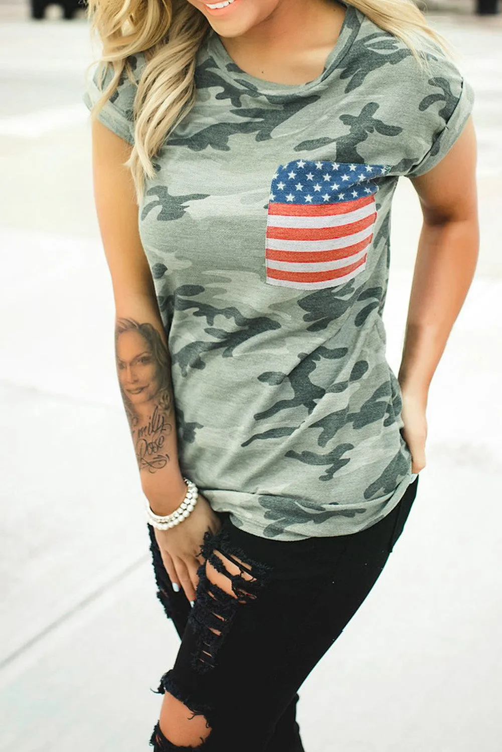 Girls Camo Shirt With American Flag Pocket