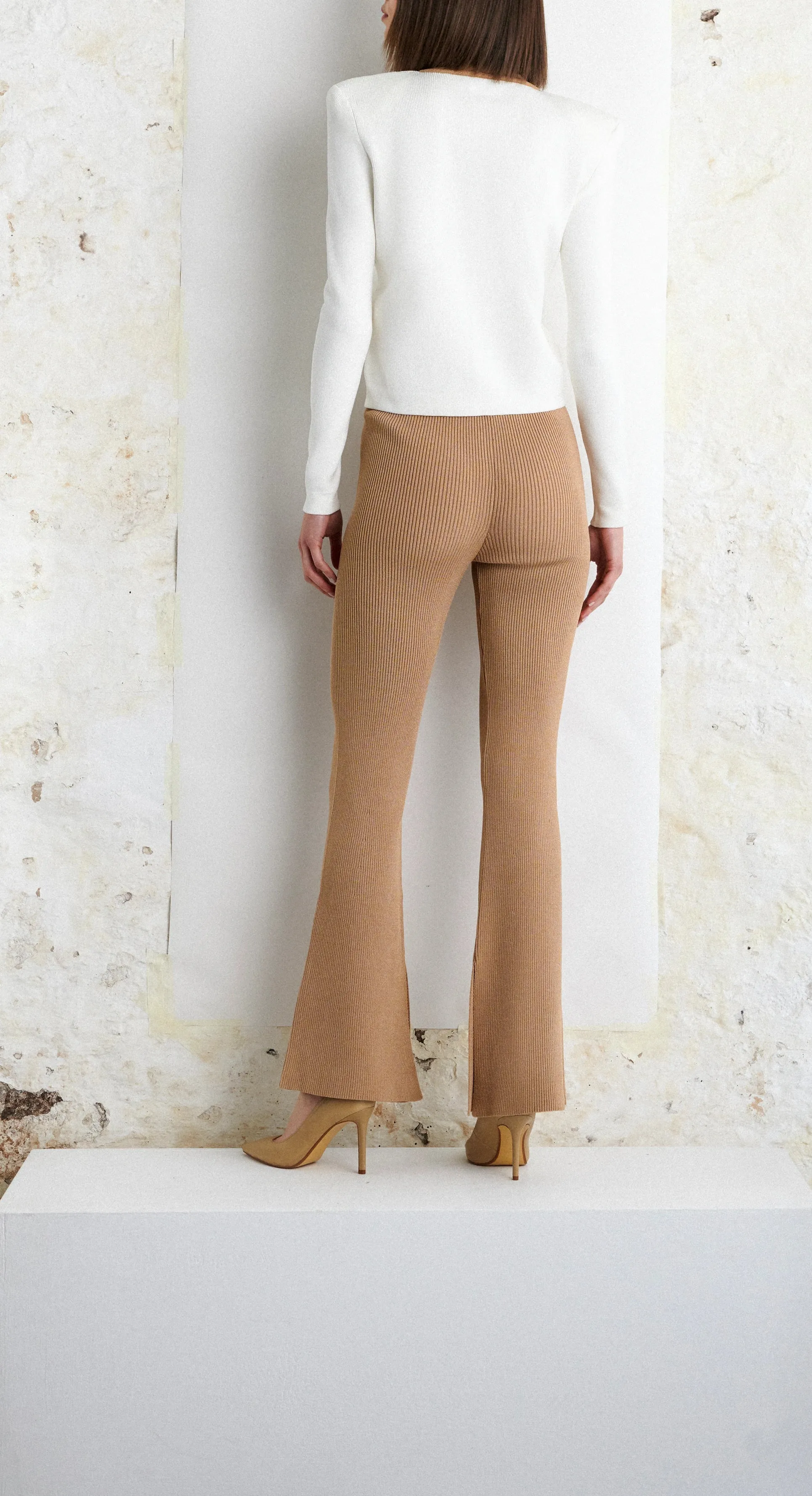 GISELE luxe ribbed-knit high-rise pants camel