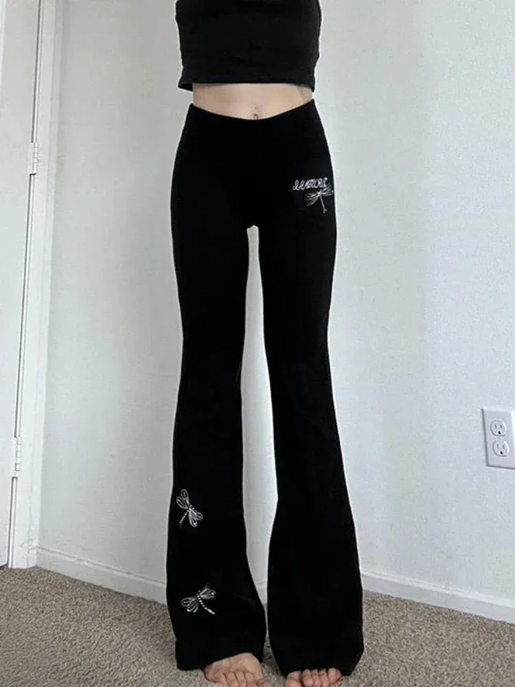 Gothic Dragonfly Embroidery Casual Pants High Waist Flare Pants