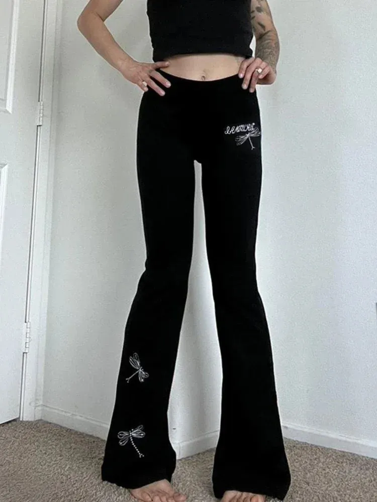 Gothic Dragonfly Embroidery Casual Pants High Waist Flare Pants