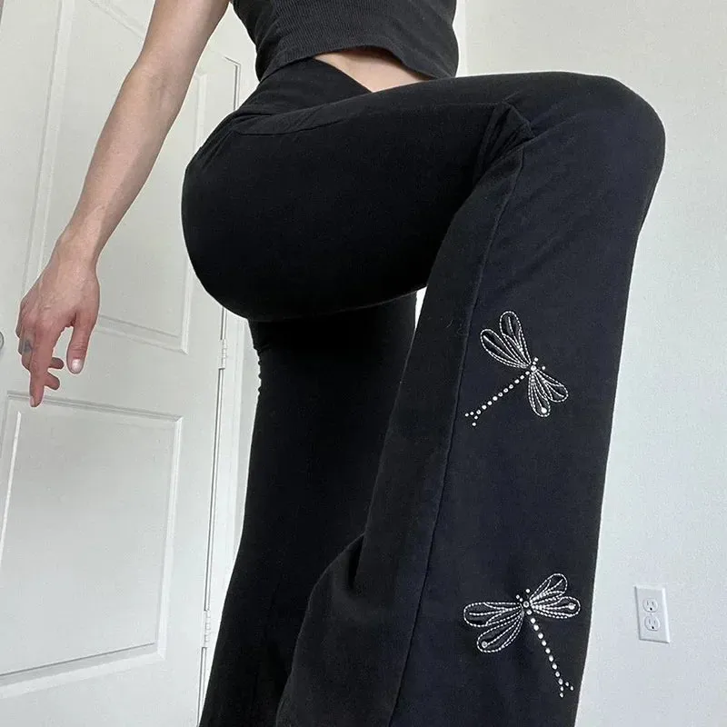 Gothic Dragonfly Embroidery Casual Pants High Waist Flare Pants