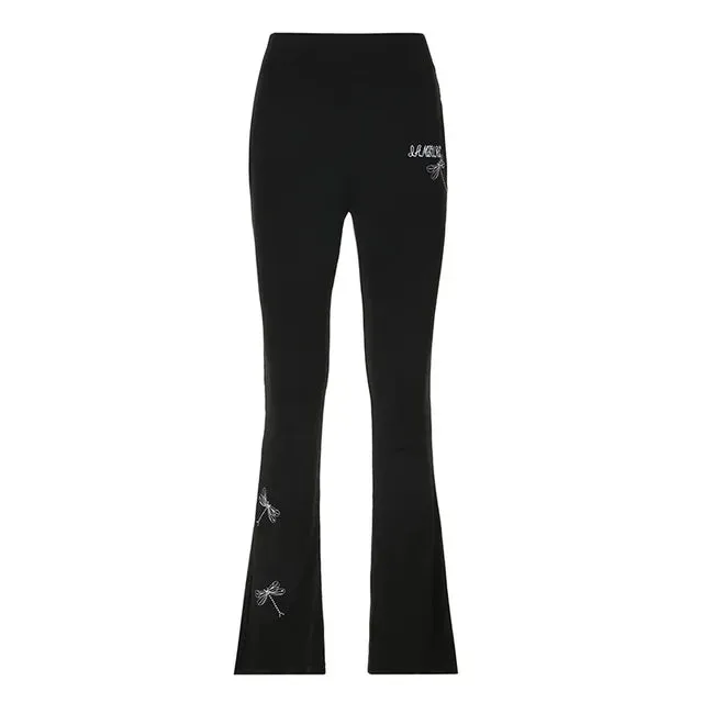 Gothic Dragonfly Embroidery Casual Pants High Waist Flare Pants