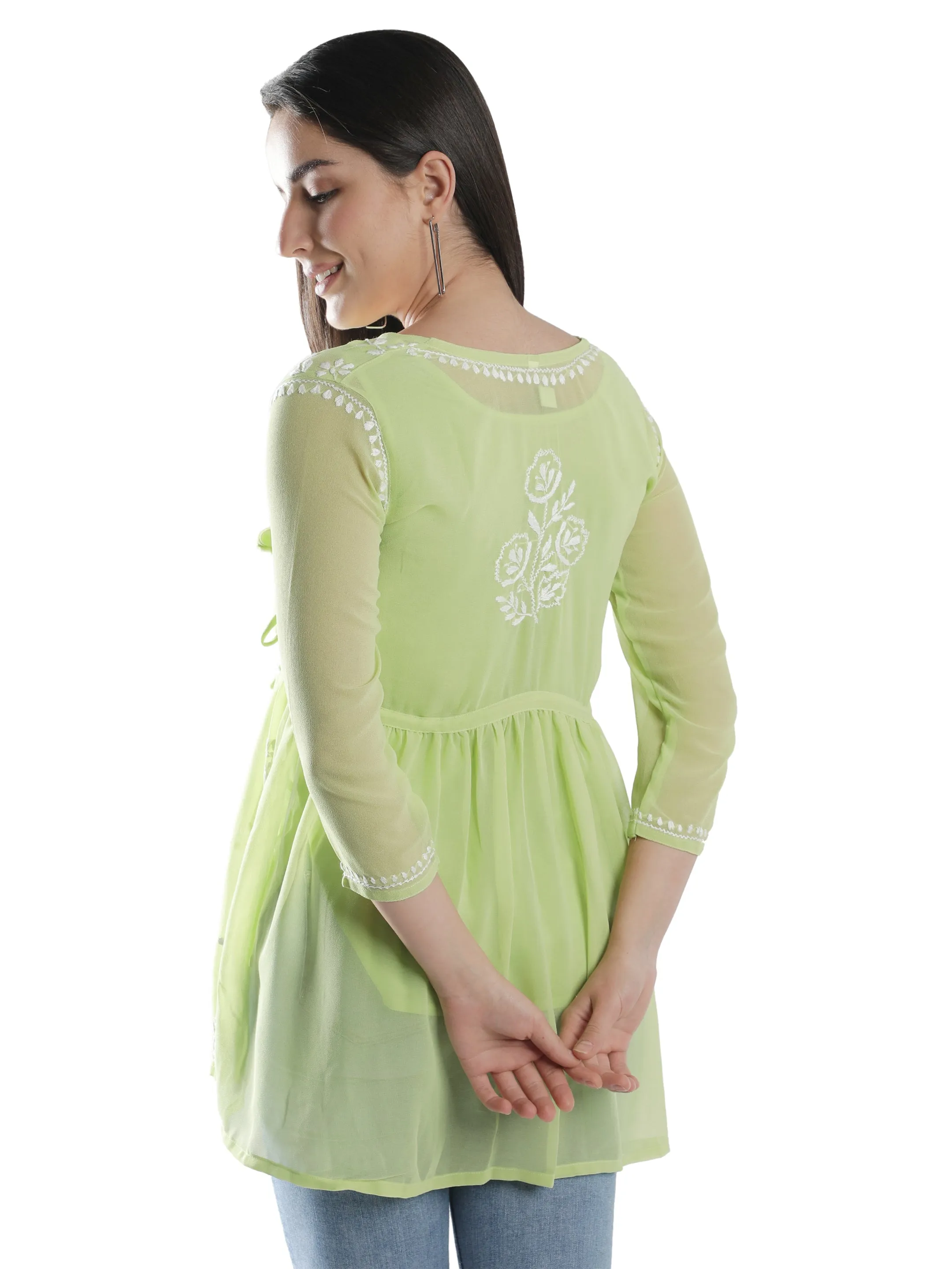 Green Georgette Angarkha Chikankari Tunic Top With Slip