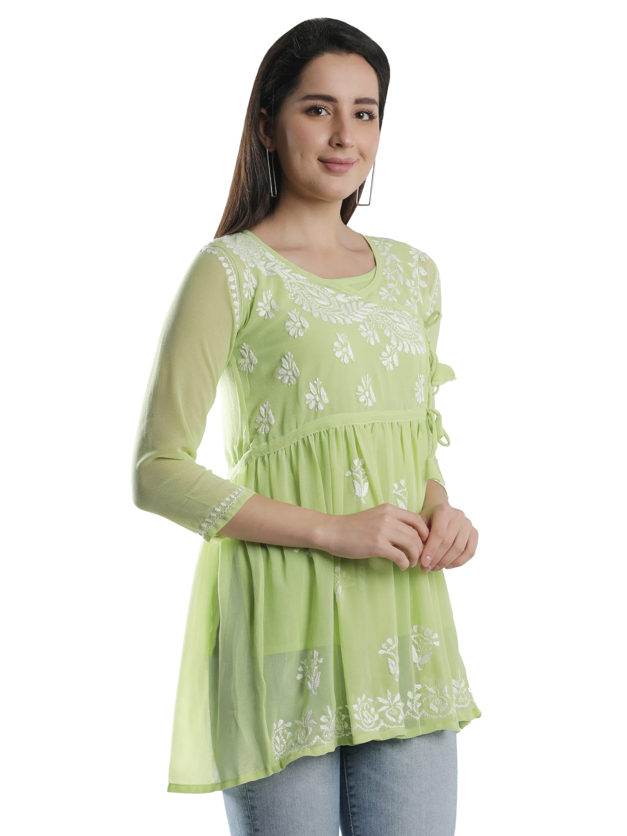 Green Georgette Angarkha Chikankari Tunic Top With Slip