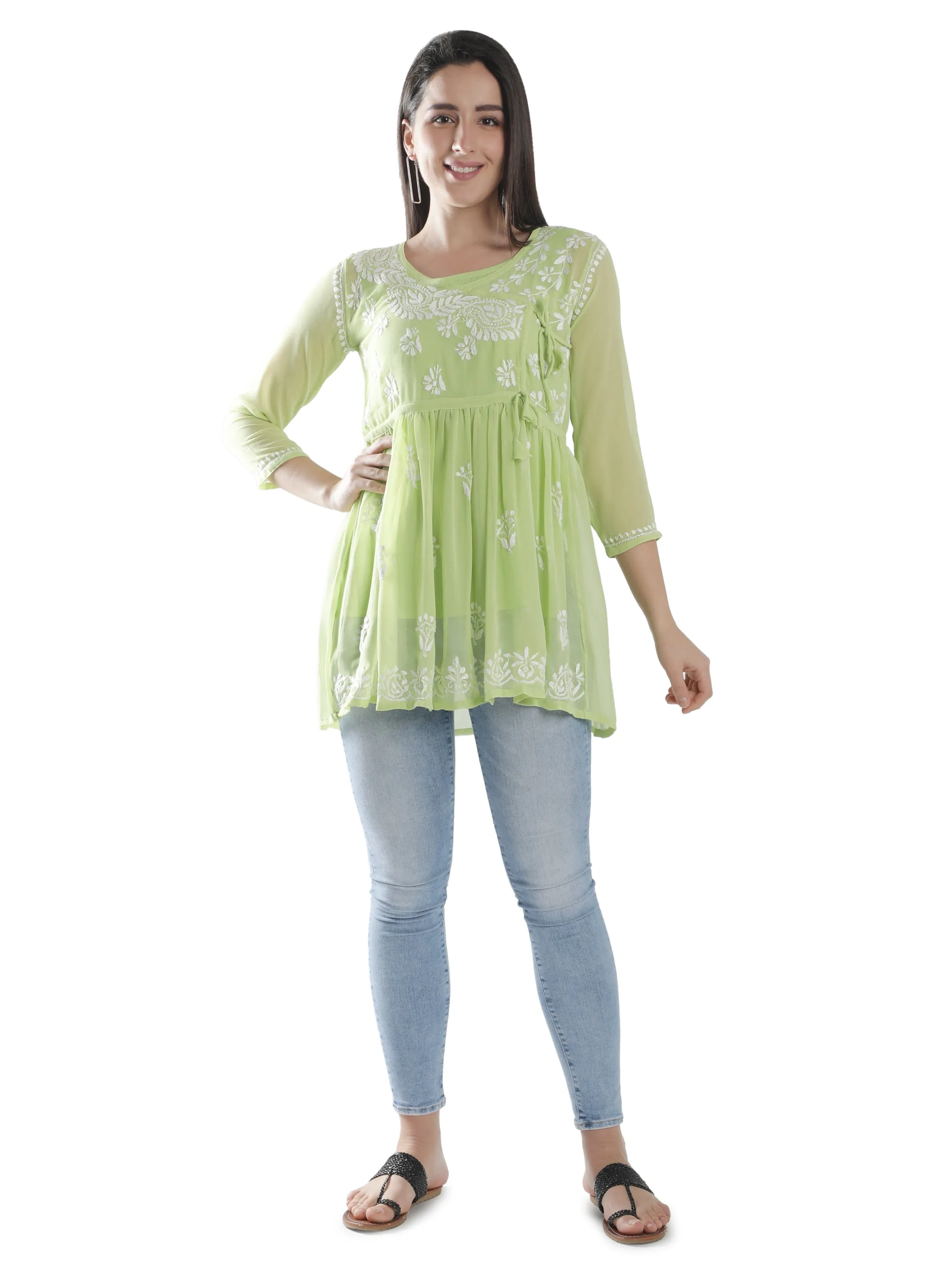 Green Georgette Angarkha Chikankari Tunic Top With Slip