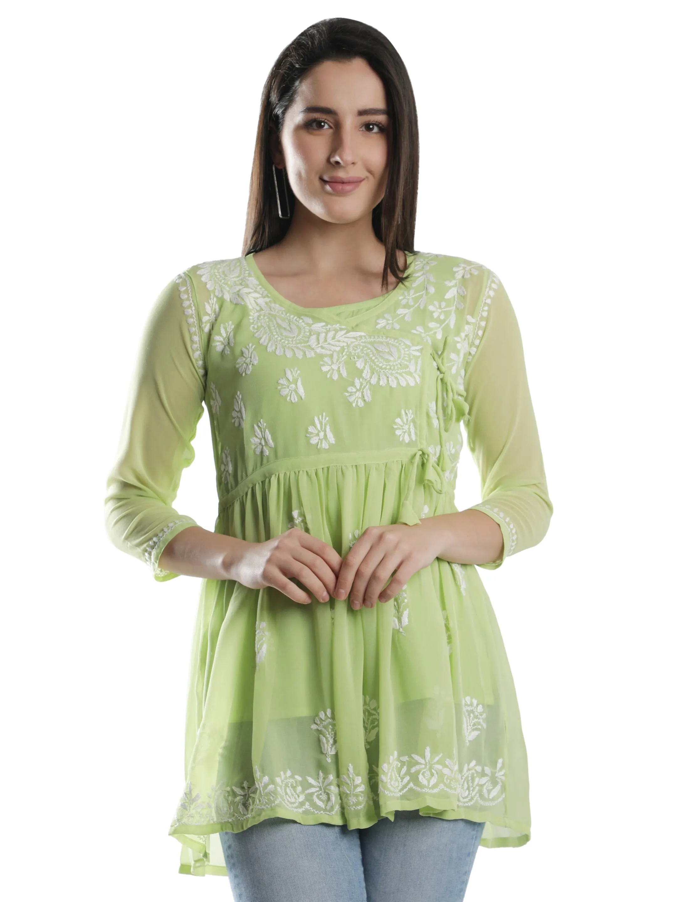 Green Georgette Angarkha Chikankari Tunic Top With Slip