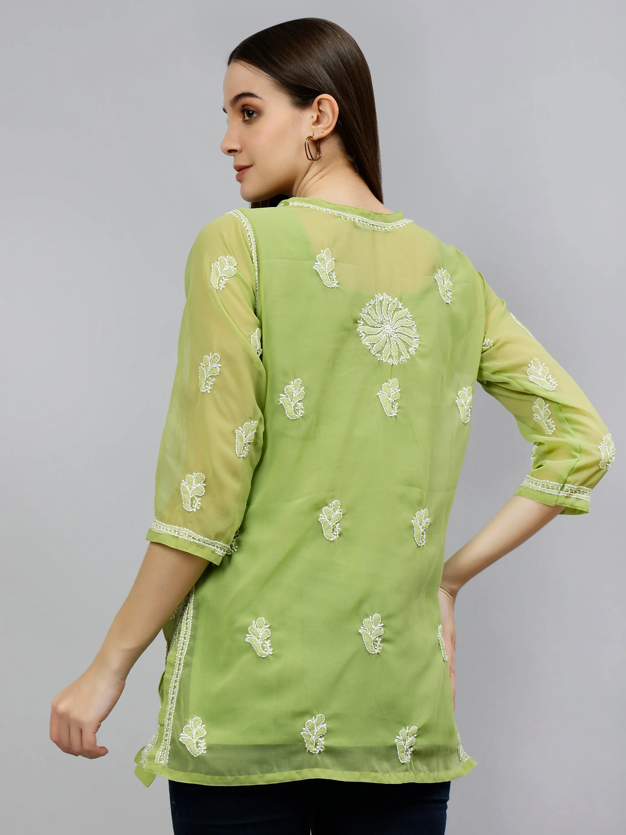 Green Georgette Lucknowi Chikankari Short Tunic with Slip