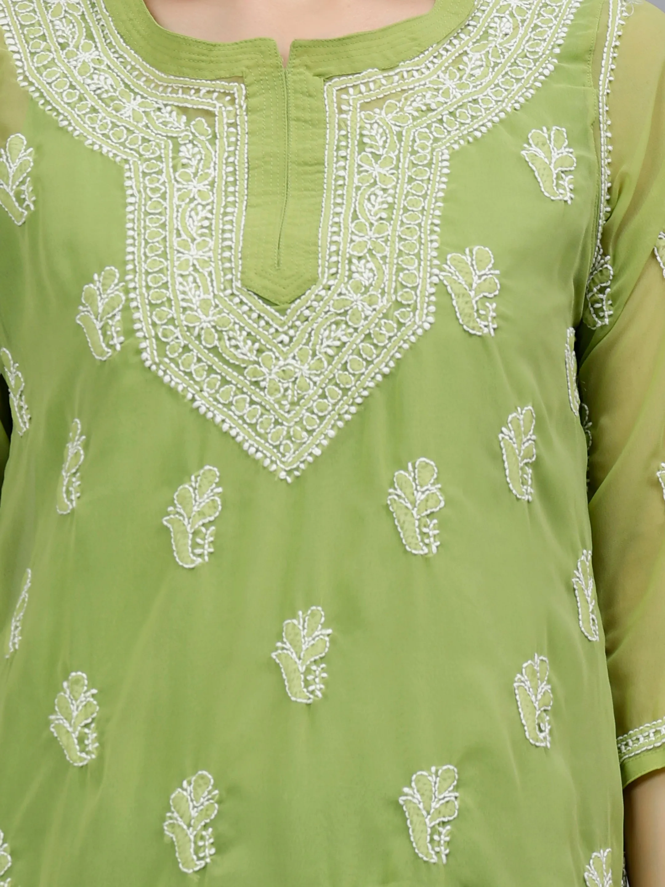 Green Georgette Lucknowi Chikankari Short Tunic with Slip