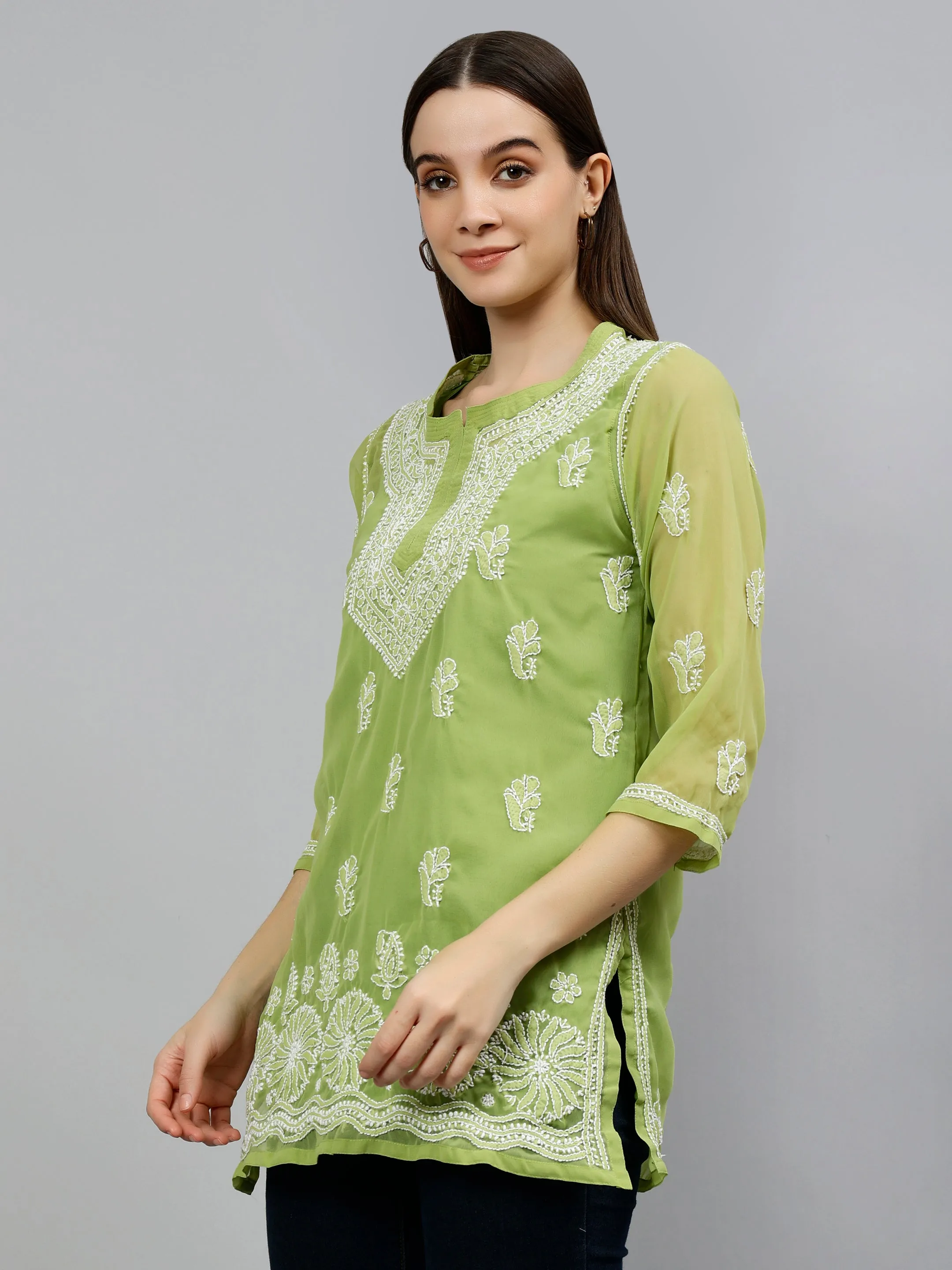 Green Georgette Lucknowi Chikankari Short Tunic with Slip