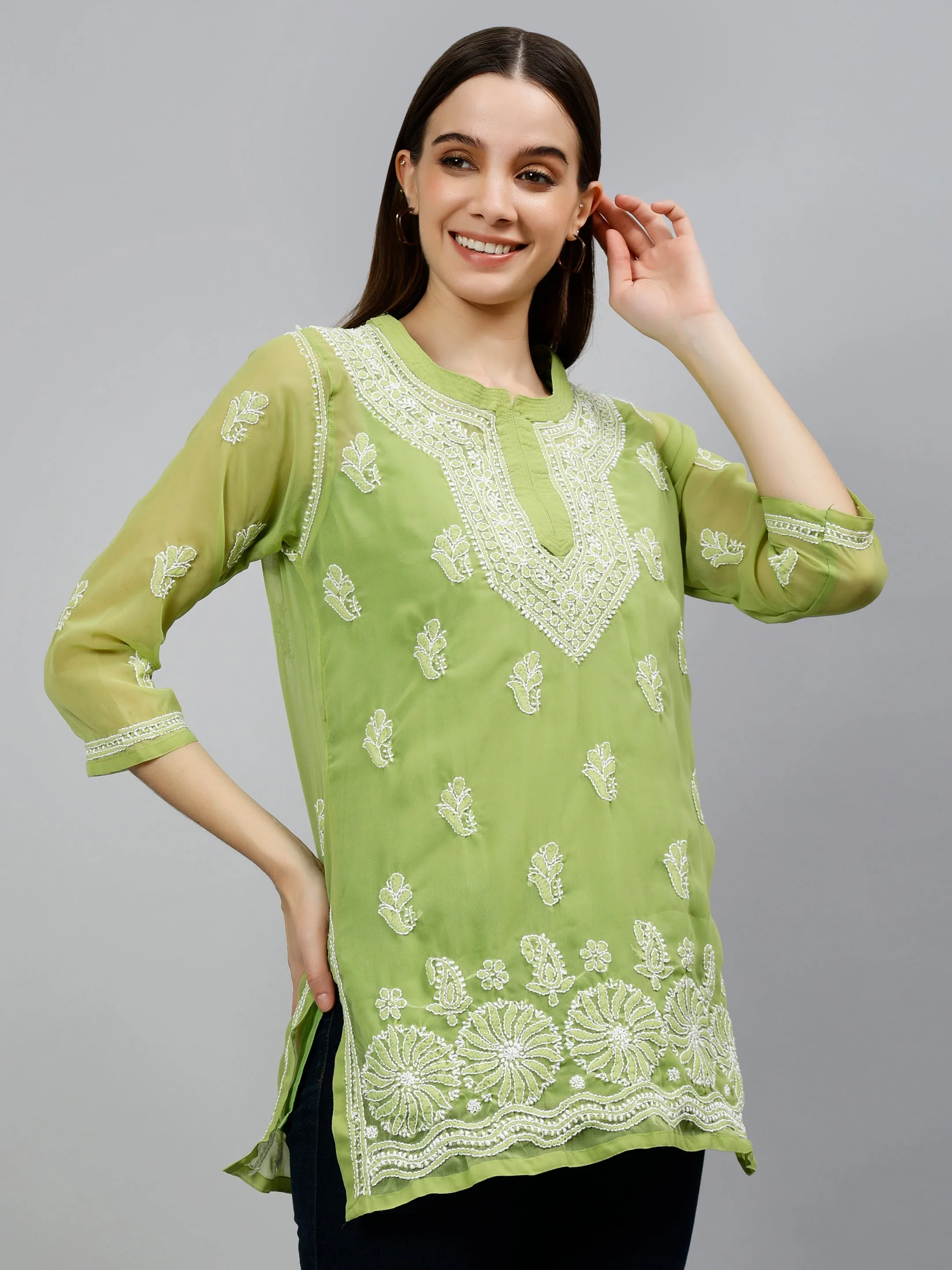 Green Georgette Lucknowi Chikankari Short Tunic with Slip