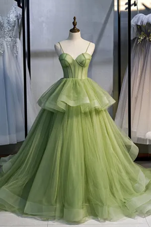 Green Tulle Long Prom Dresses, A-Line Evening Dresses with Train