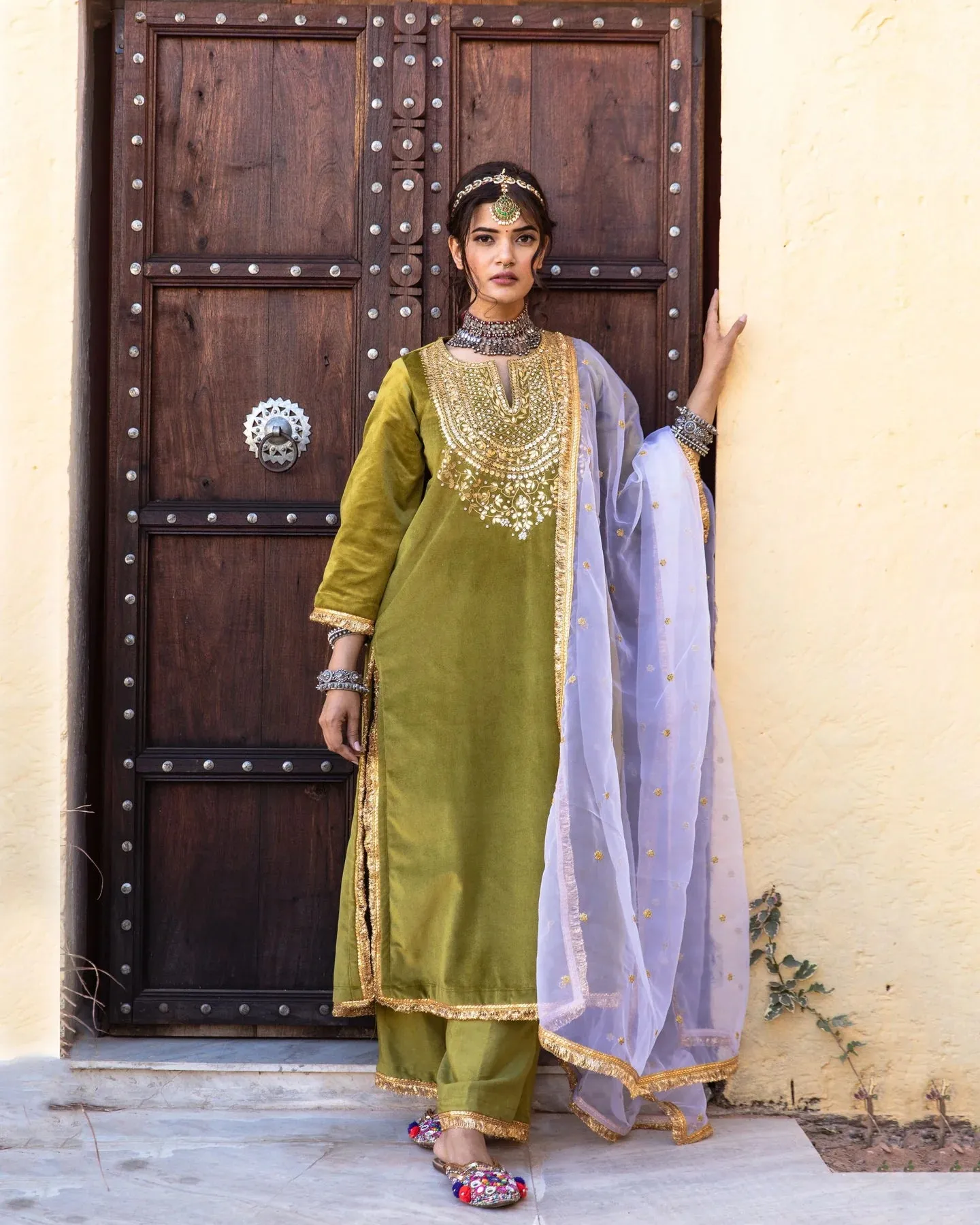 Green Velvet Zardozi work Kurta with Muslin Bottom and an Organza Dupatta Suit Set