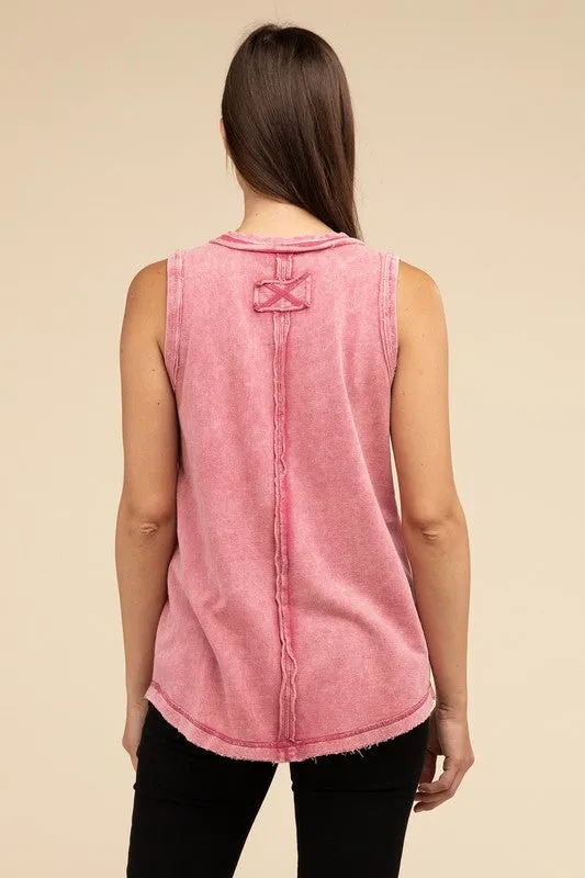 Half-Button Raw Edge Sleeveless Henley Top *Online Only*