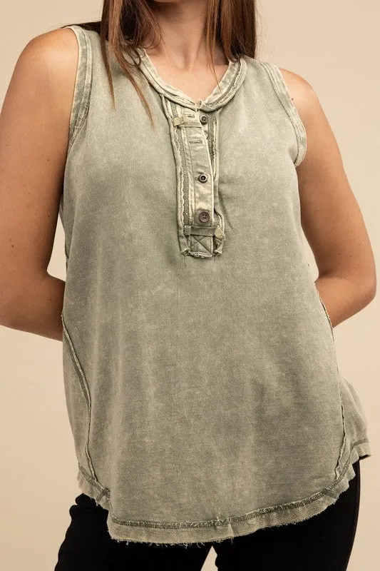 Half-Button Raw Edge Sleeveless Henley Top *Online Only*