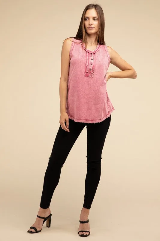 Half-Button Raw Edge Sleeveless Henley Top *Online Only*