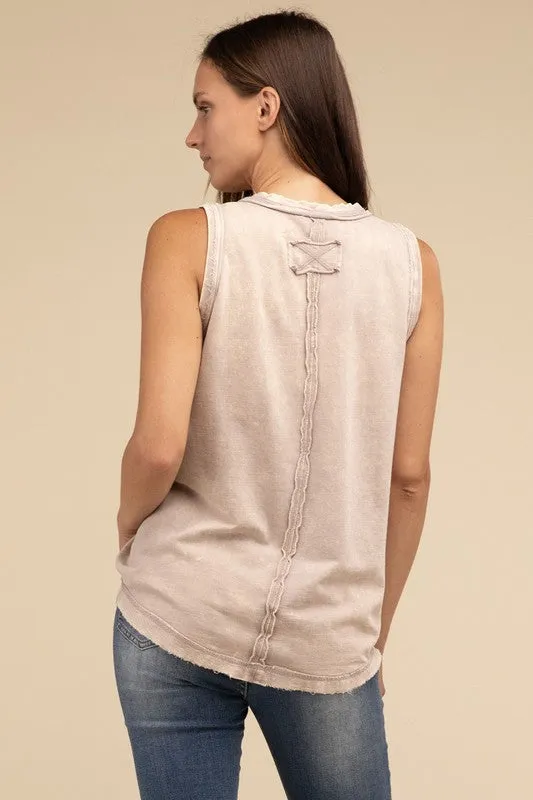 Half-Button Raw Edge Sleeveless Henley Top *Online Only*