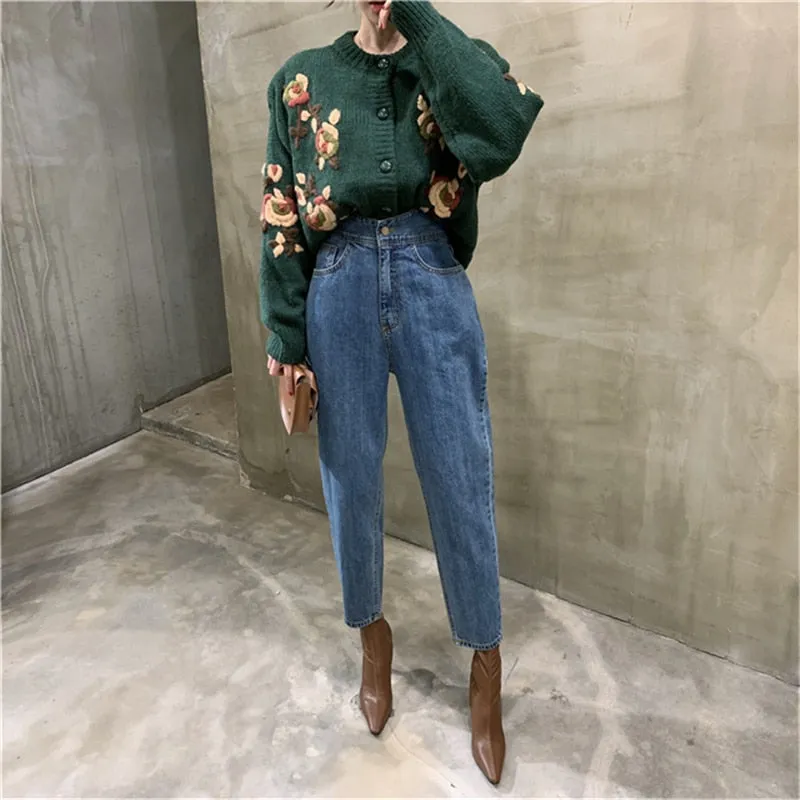 Harem Jeans Pants High Waist Loose Denim Jeans Female Buttons Trousers