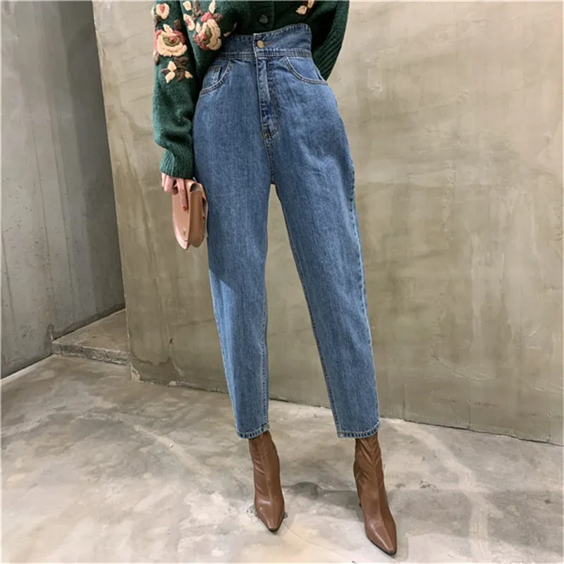 Harem Jeans Pants High Waist Loose Denim Jeans Female Buttons Trousers