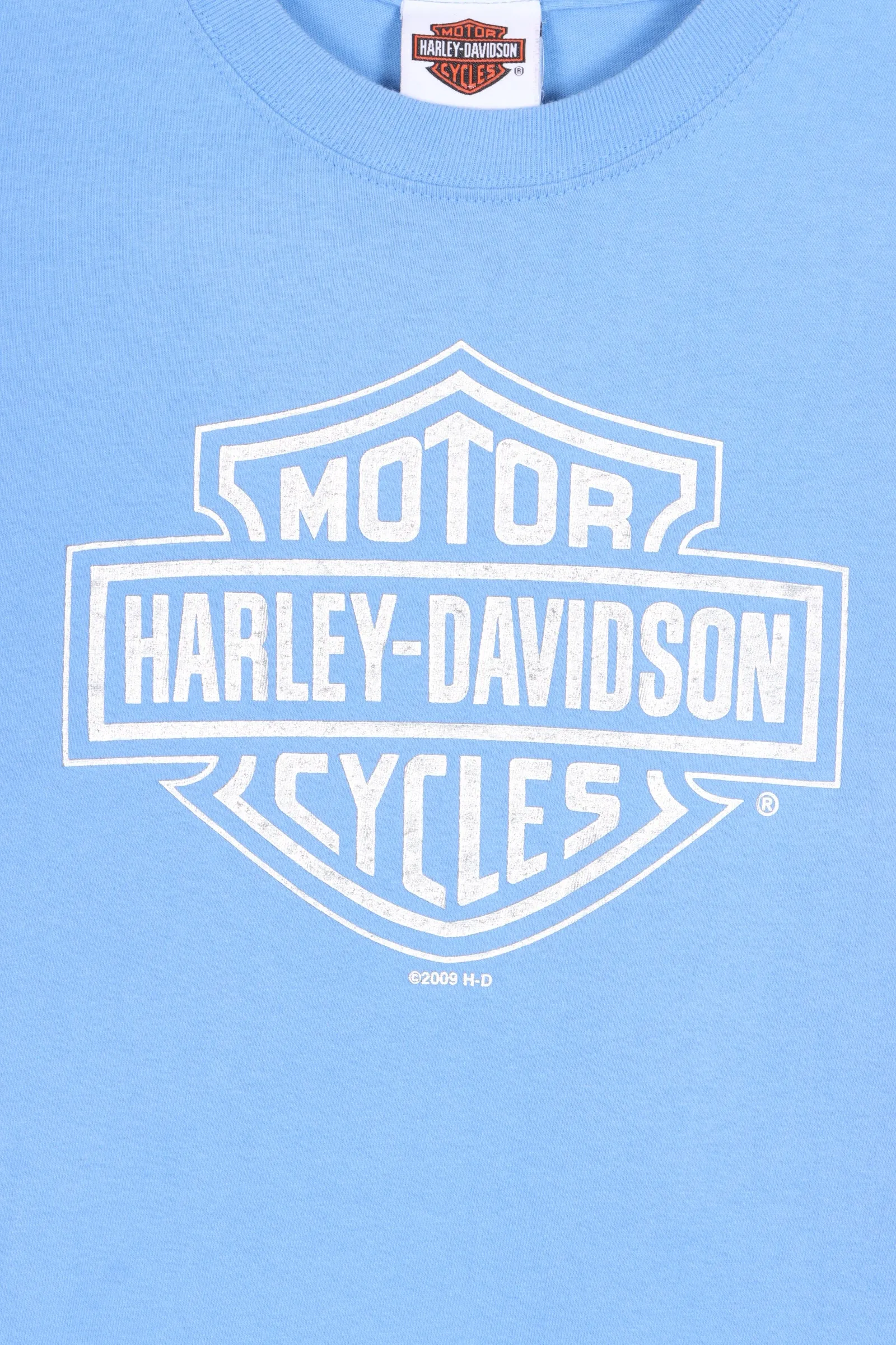 HARLEY DAVIDSON Myrtle Beach Metallic Silver Logo Blue T-Shirt (XS)