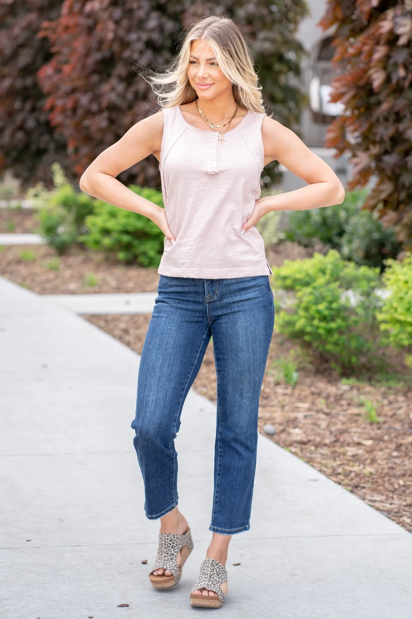 Henley Slub Cotton Tank - Vintage Mauve