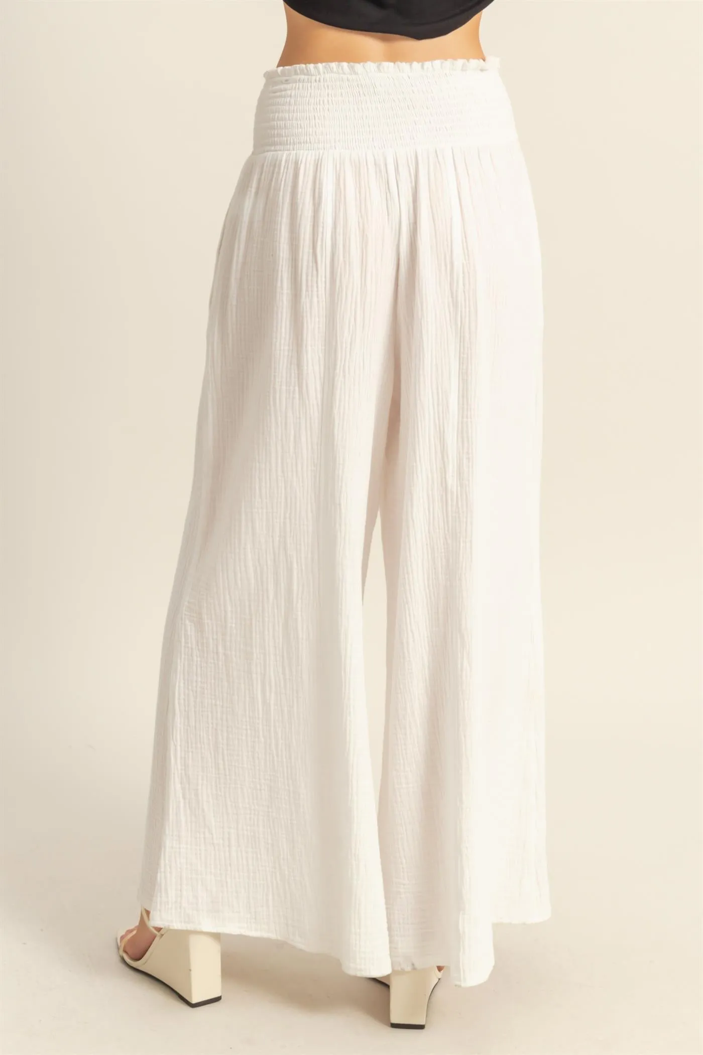 HF25C834-Double Gauze Smocked Waist Wide Leg Pants