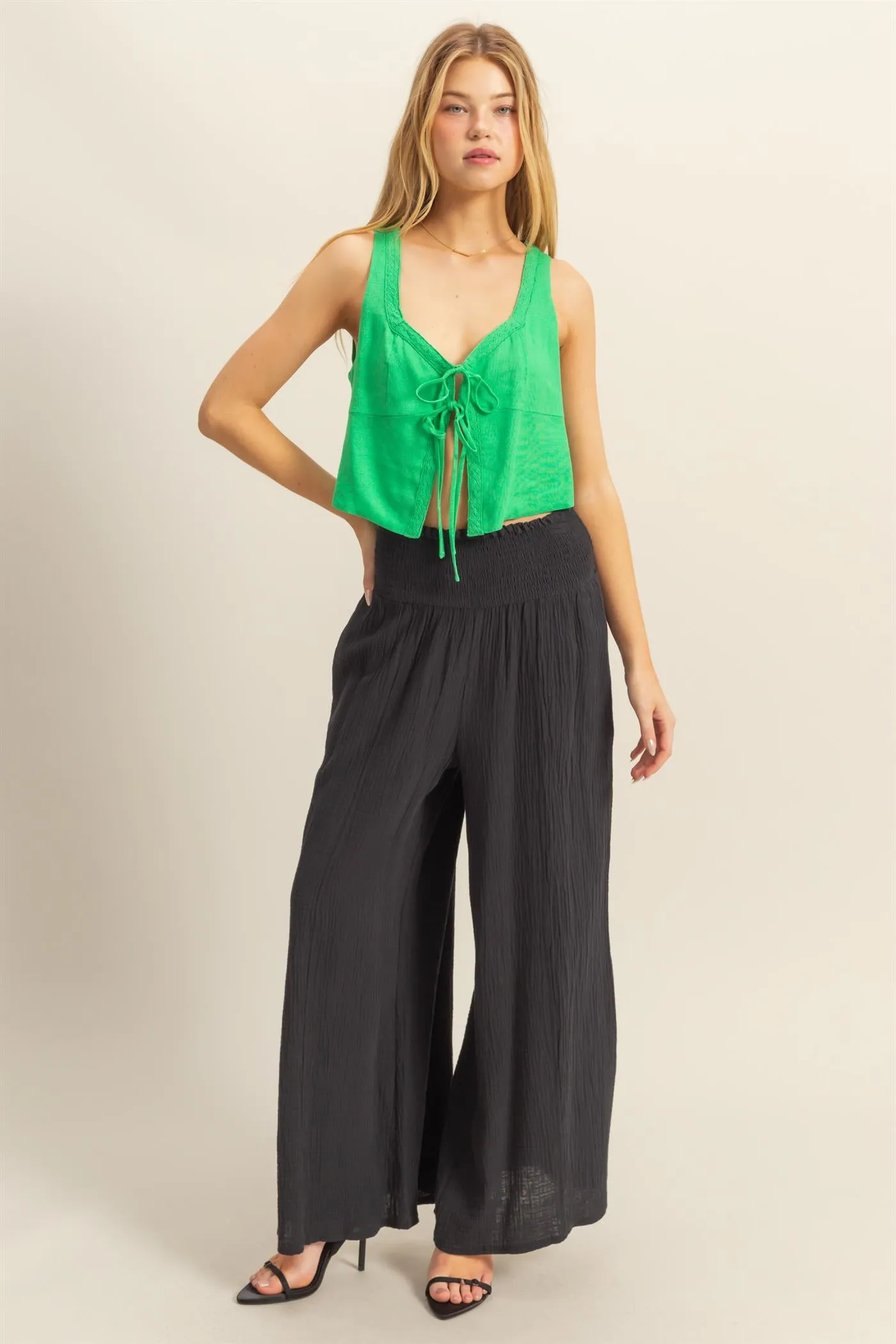 HF25C834-Double Gauze Smocked Waist Wide Leg Pants