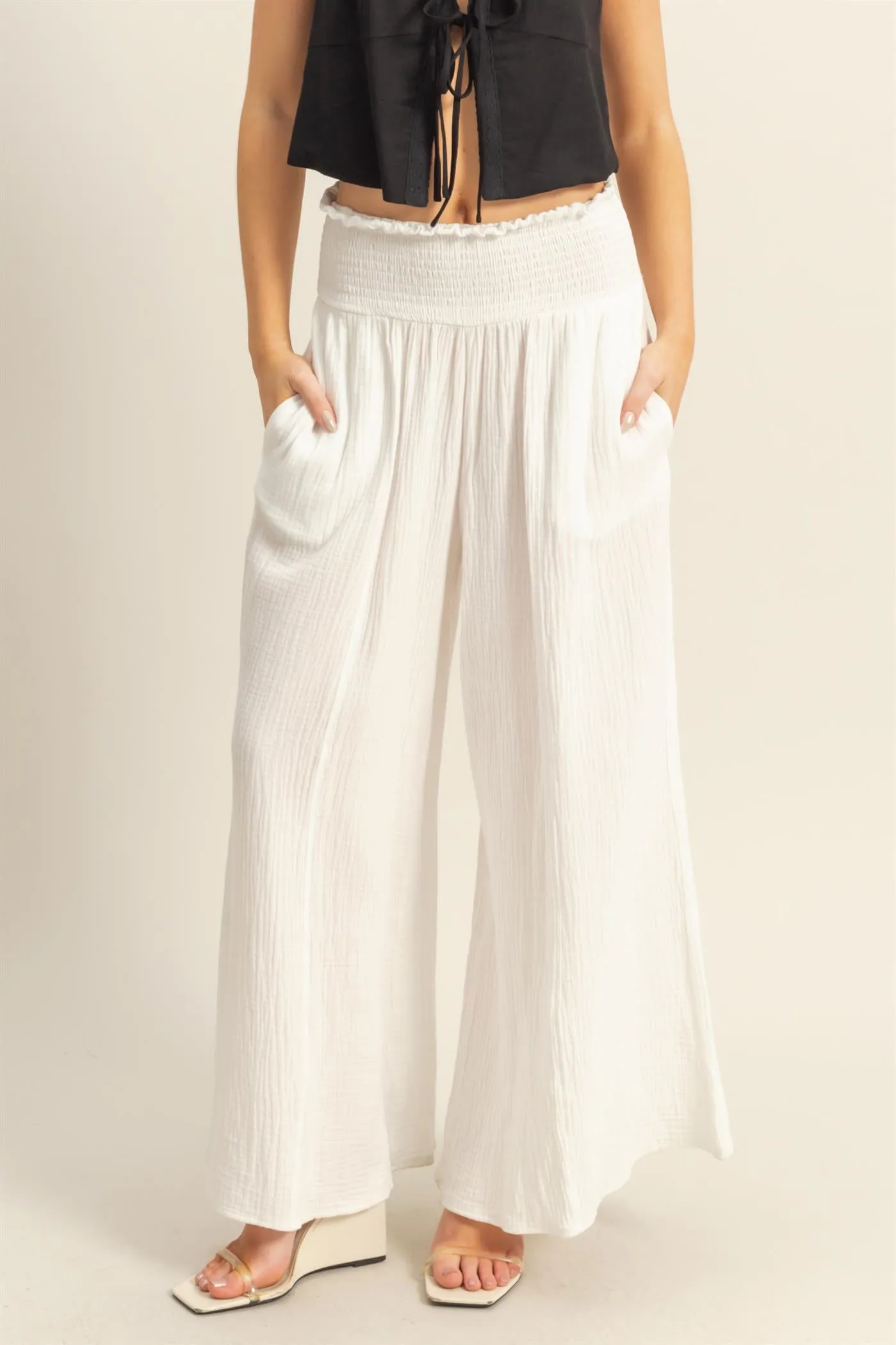 HF25C834-Double Gauze Smocked Waist Wide Leg Pants