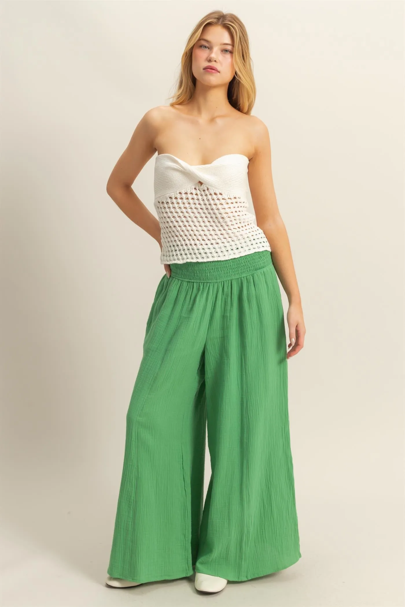 HF25C834-Double Gauze Smocked Waist Wide Leg Pants