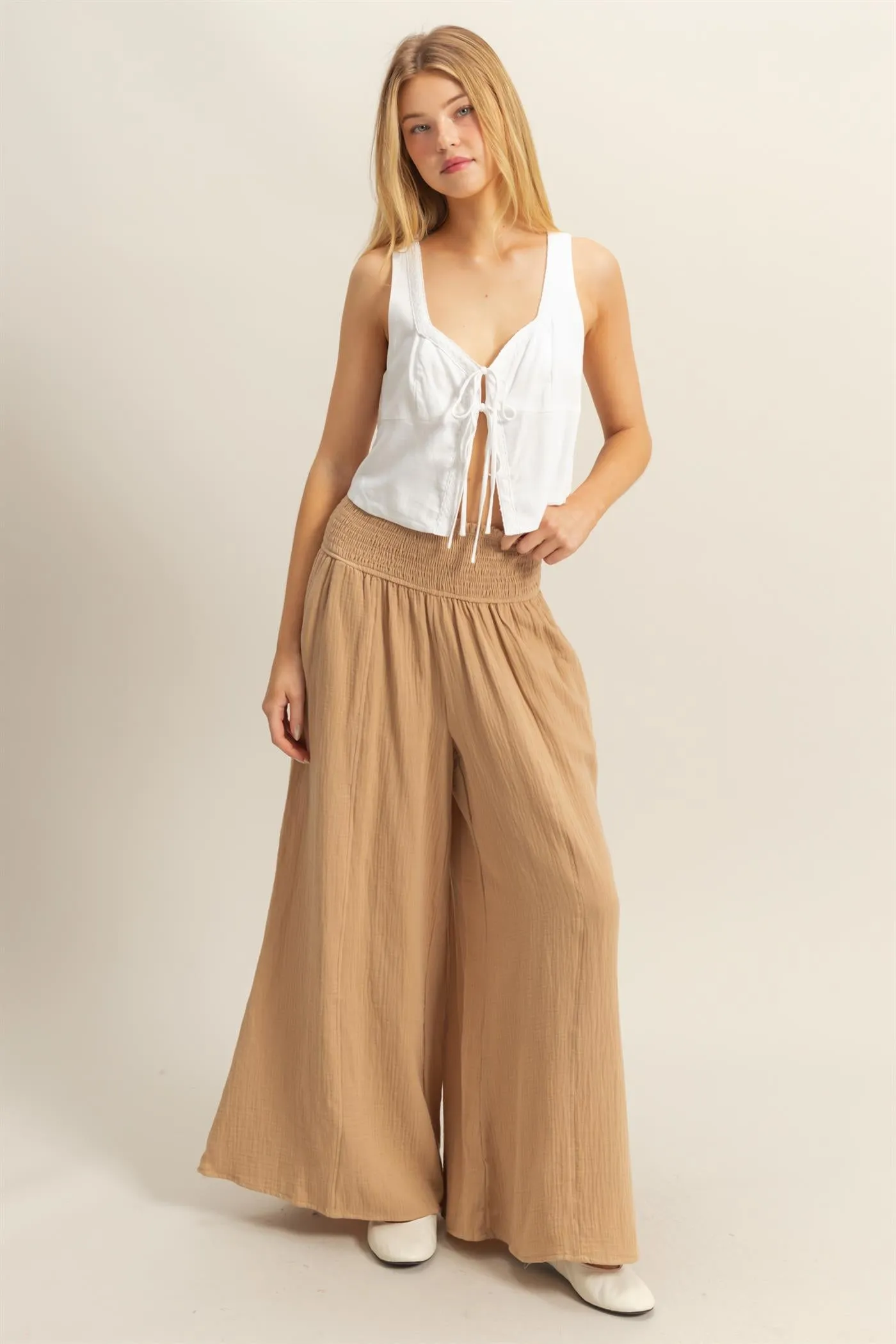 HF25C834-Double Gauze Smocked Waist Wide Leg Pants