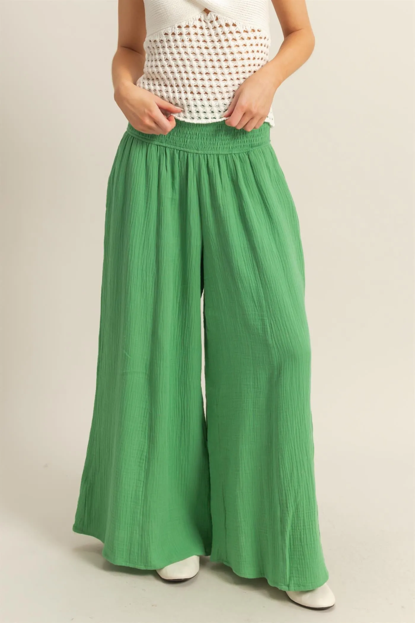 HF25C834-Double Gauze Smocked Waist Wide Leg Pants