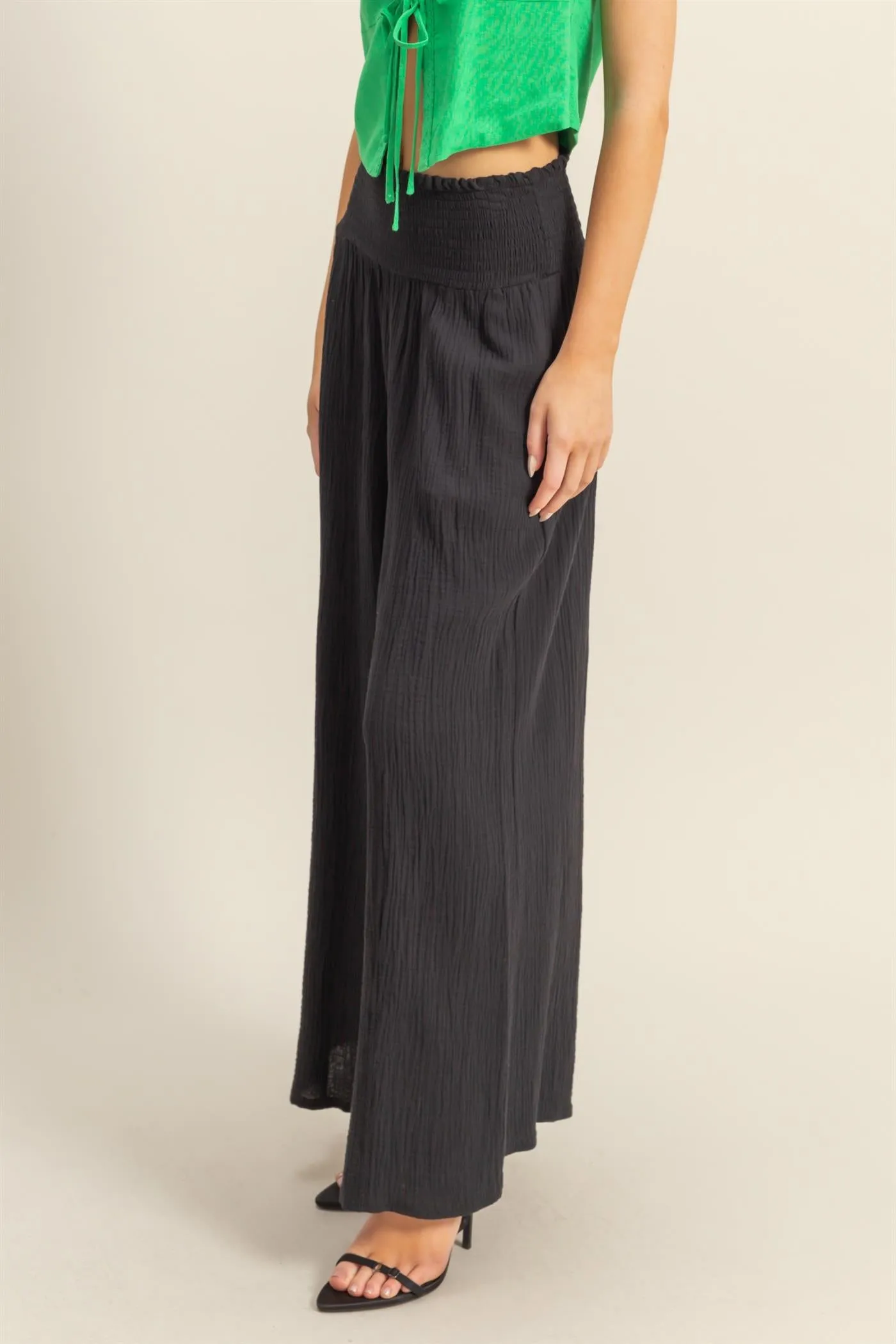 HF25C834-Double Gauze Smocked Waist Wide Leg Pants