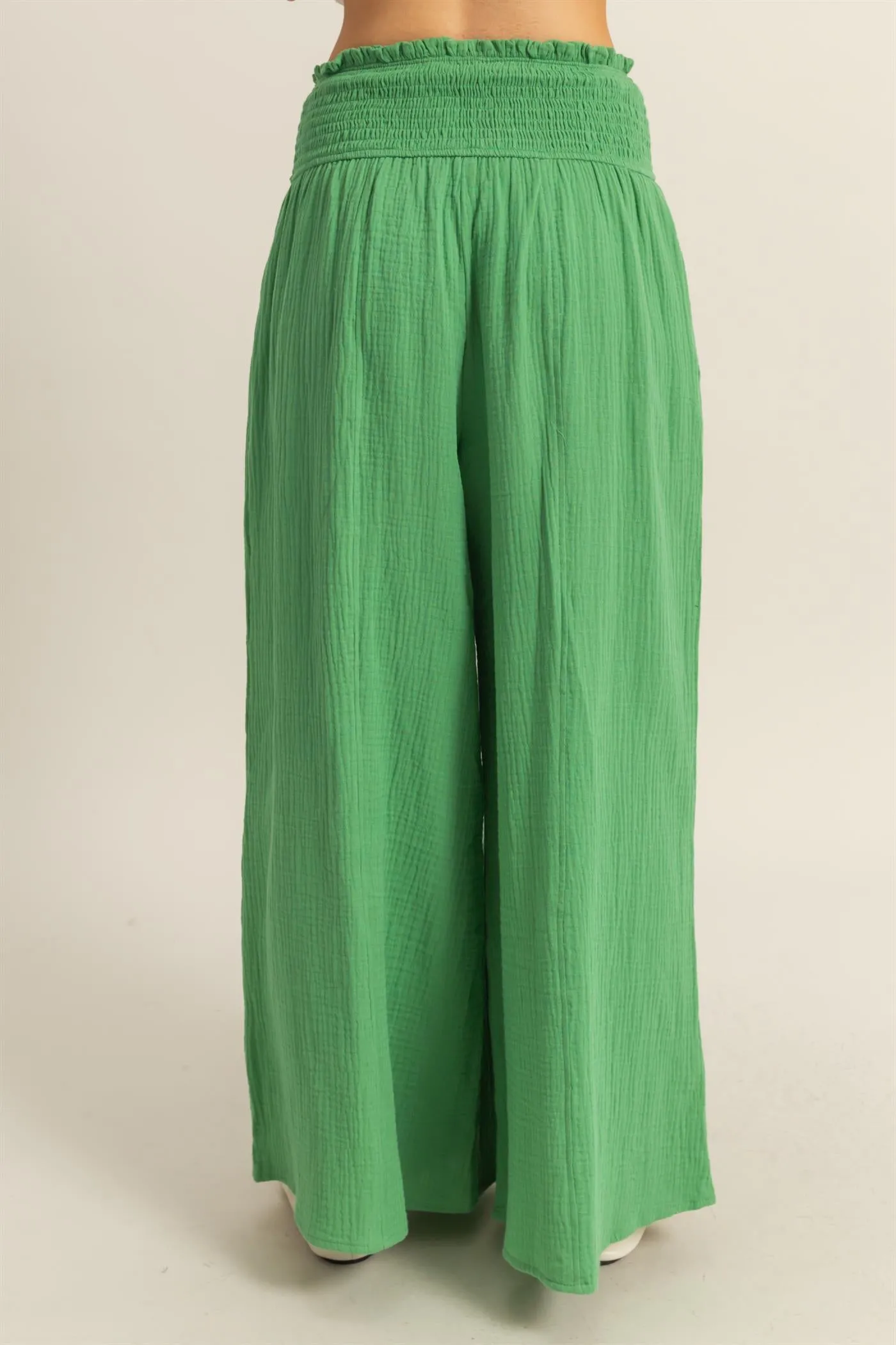 HF25C834-Double Gauze Smocked Waist Wide Leg Pants