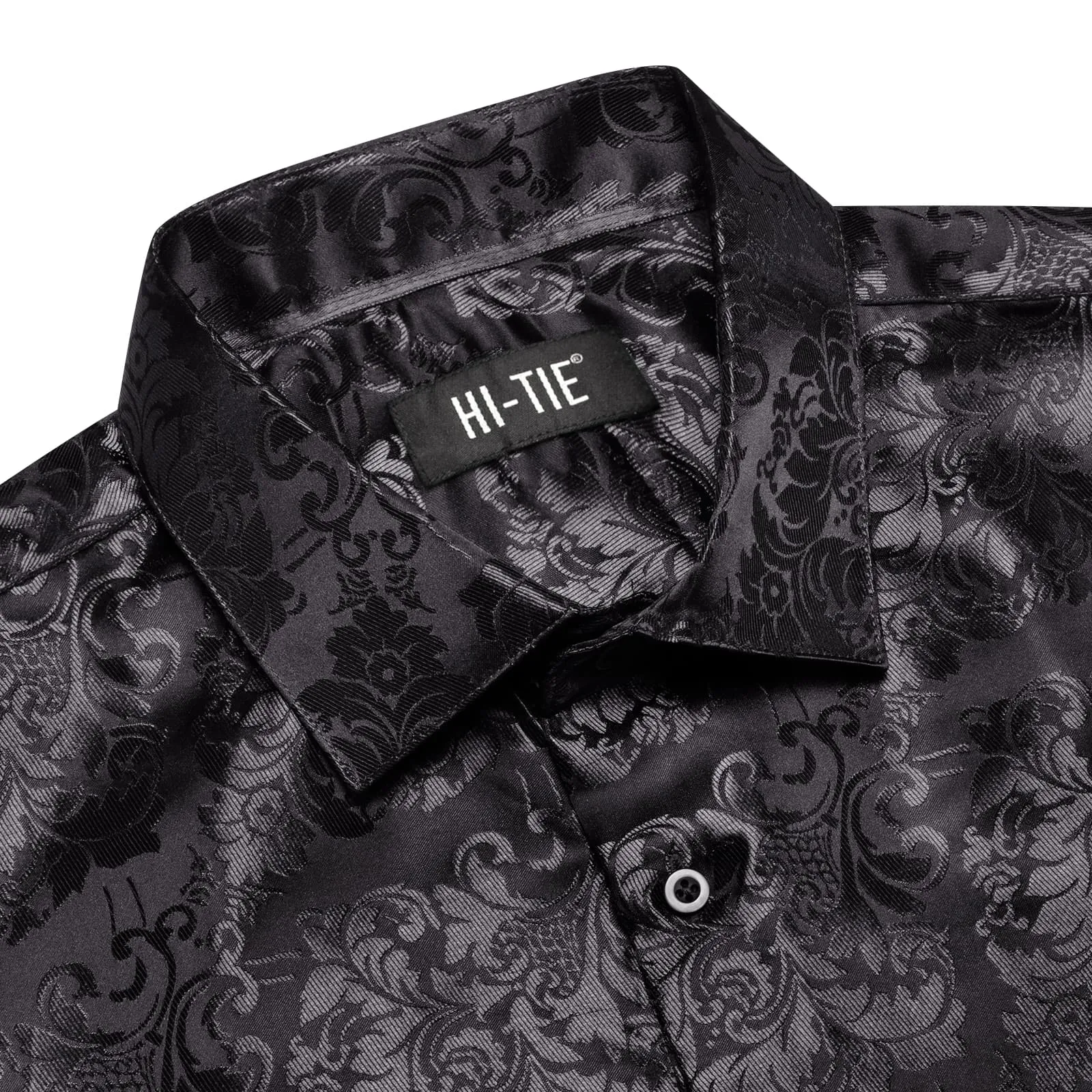 Hi-Tie Classic Black Floral Silk Button Up Long Sleeve Shirt for Men