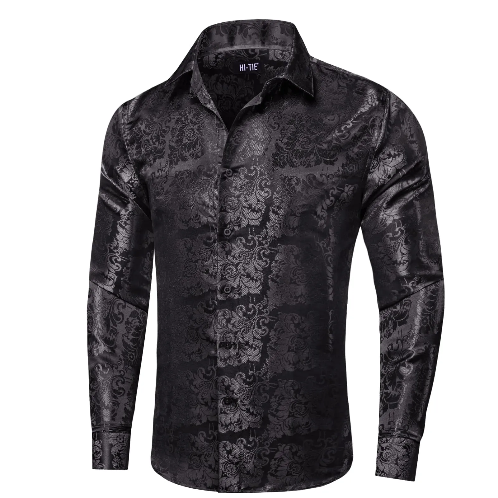 Hi-Tie Classic Black Floral Silk Button Up Long Sleeve Shirt for Men