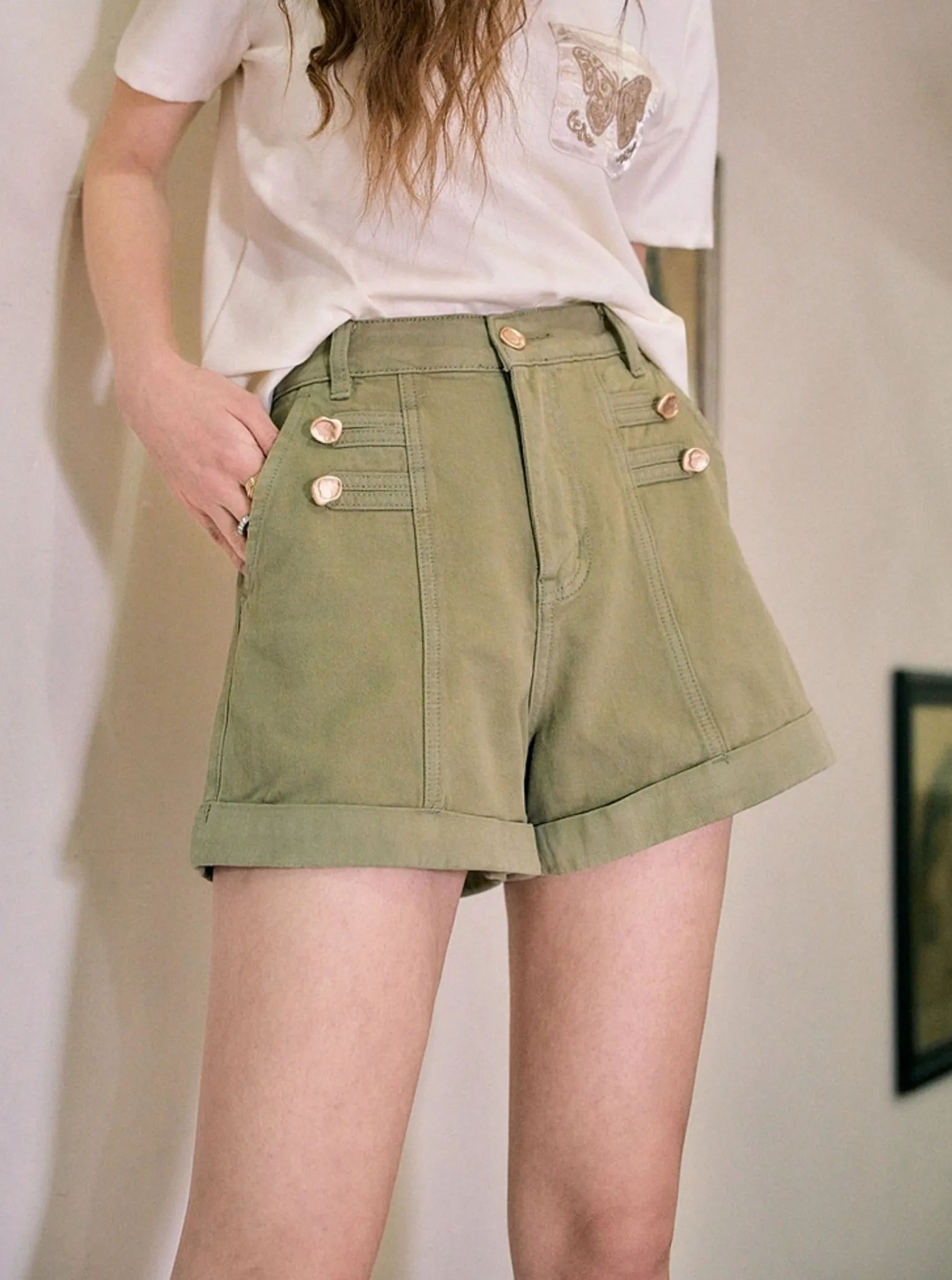 High Waist A-Line Rolled Edge Shorts Pants