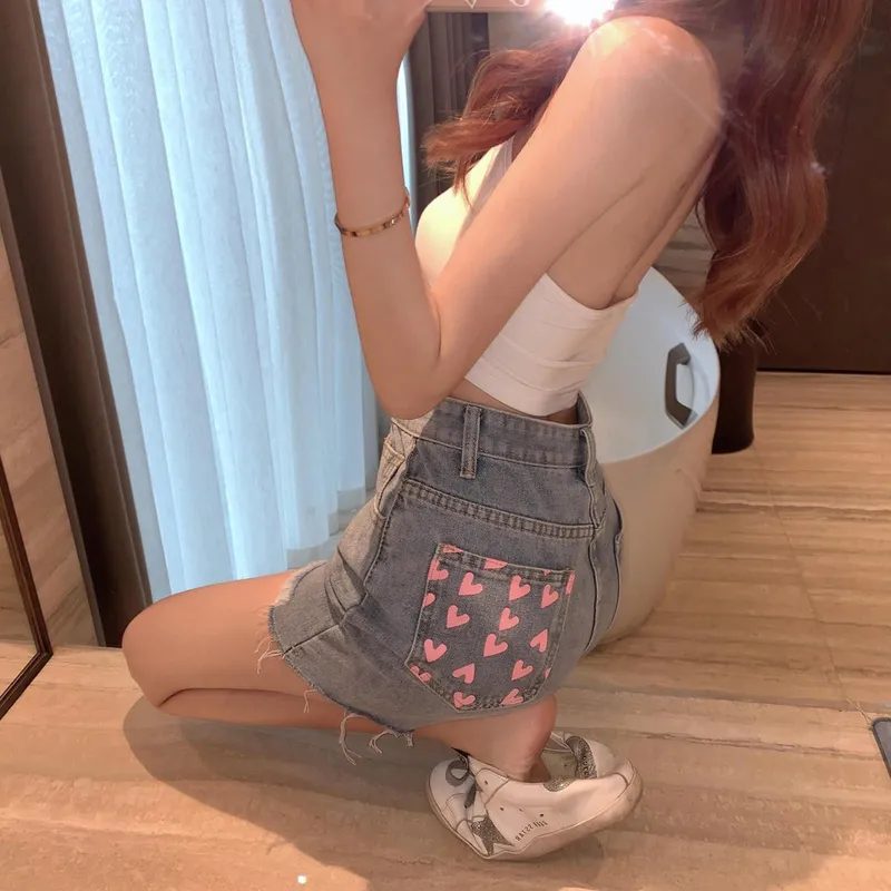 high waist asymmetric raw edge denim shorts with print hearts kawaii pants for girls