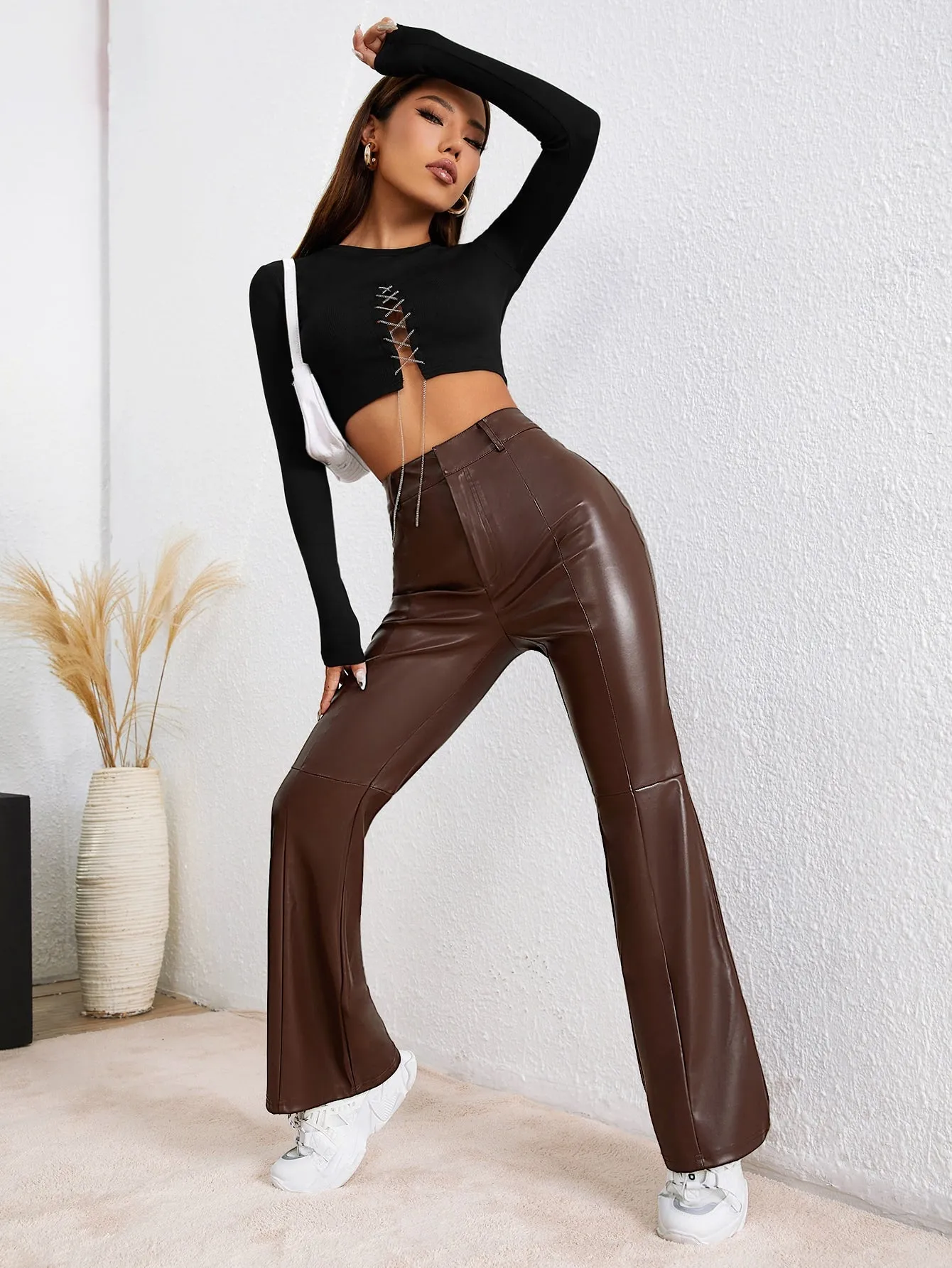 High Waist PU Leather Flare Leg Pants SS23