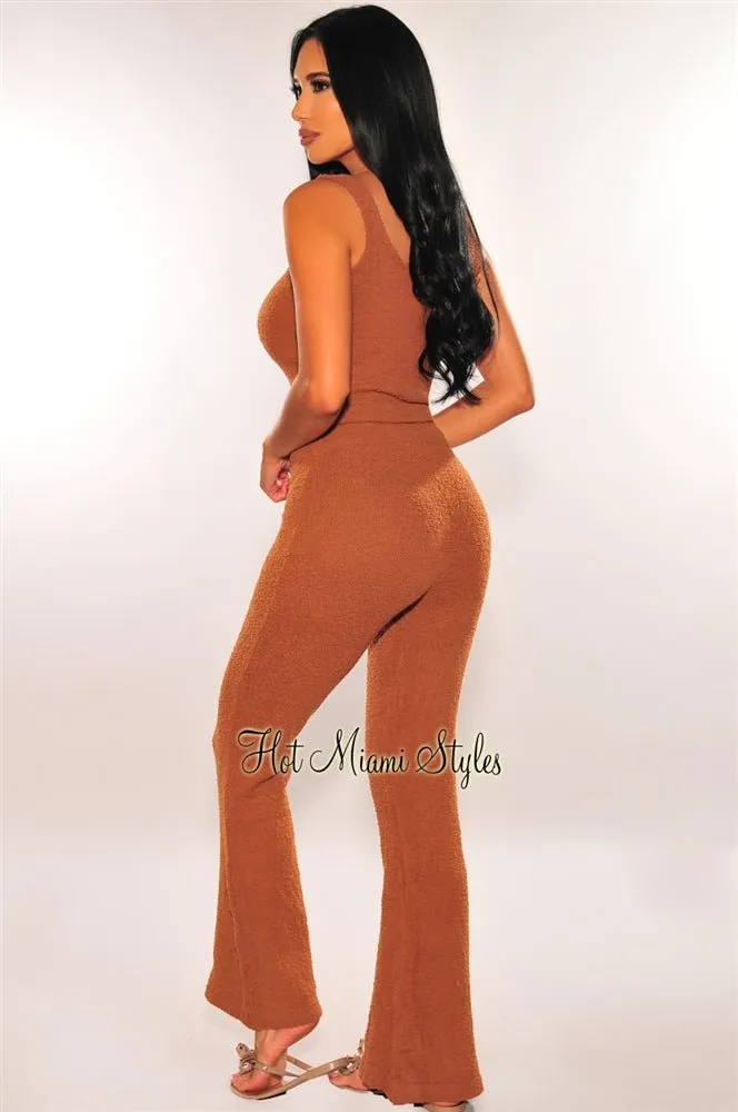 HMS Lounge: Toffee Fuzzy Tank High Waist Palazzo Pants Two Piece Set