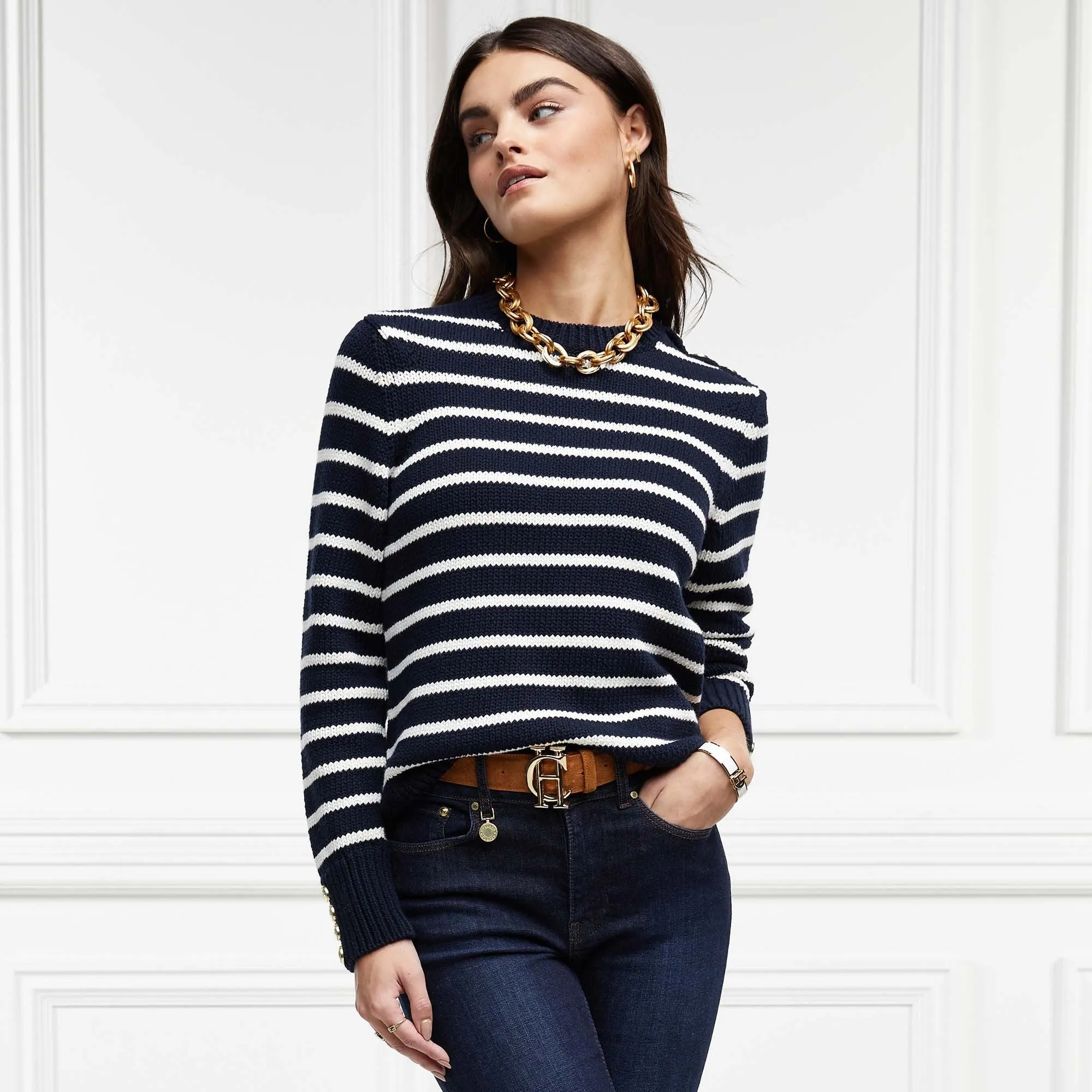 Holland Cooper Henley Striped Crew- Ink Navy/ Natural